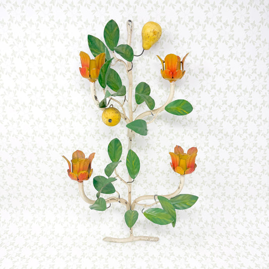 Vintage Italian Chippy Tole Candle Wall Sconce, Tulip and Pear