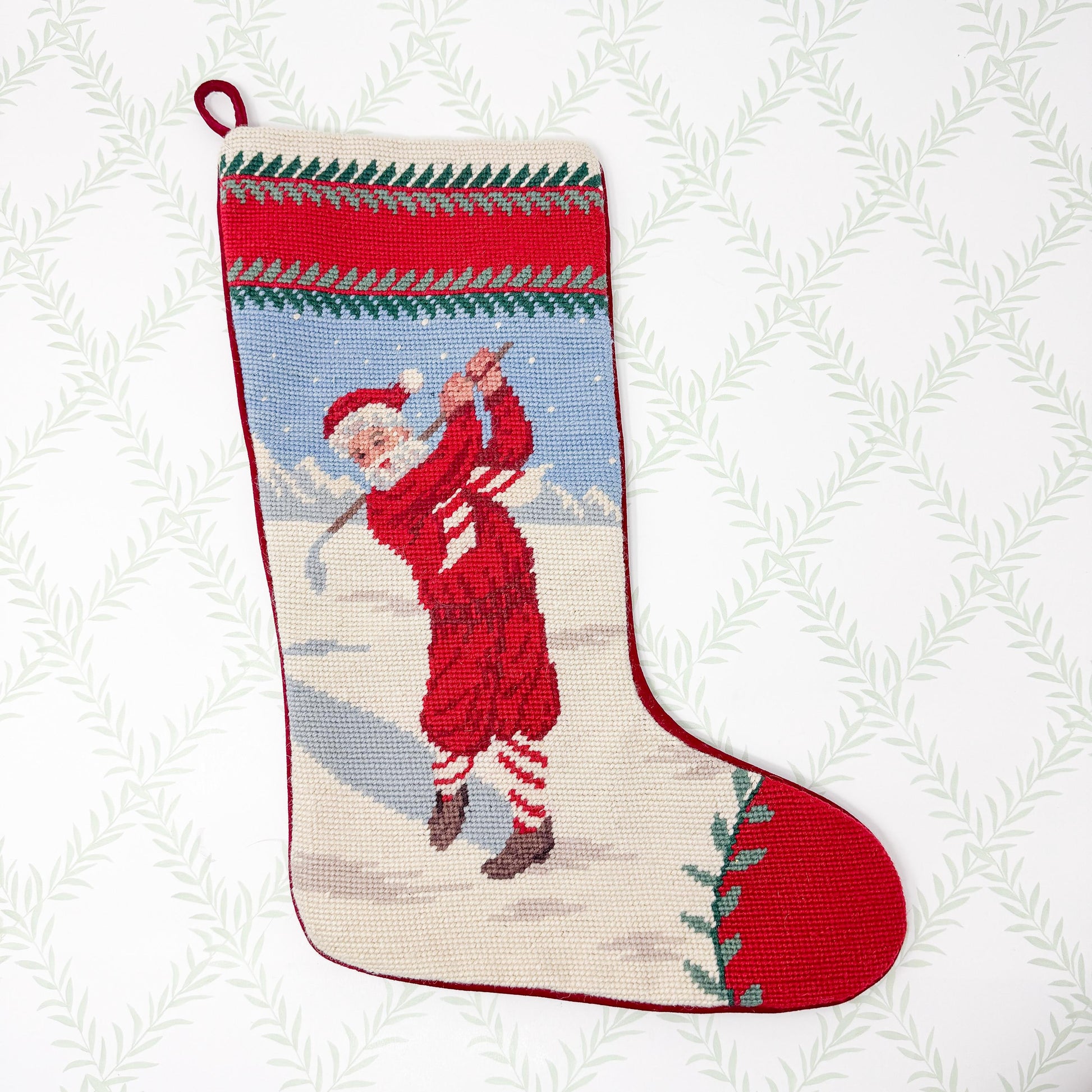 Vintage Needlepoint Christmas Stocking, Santa Golf