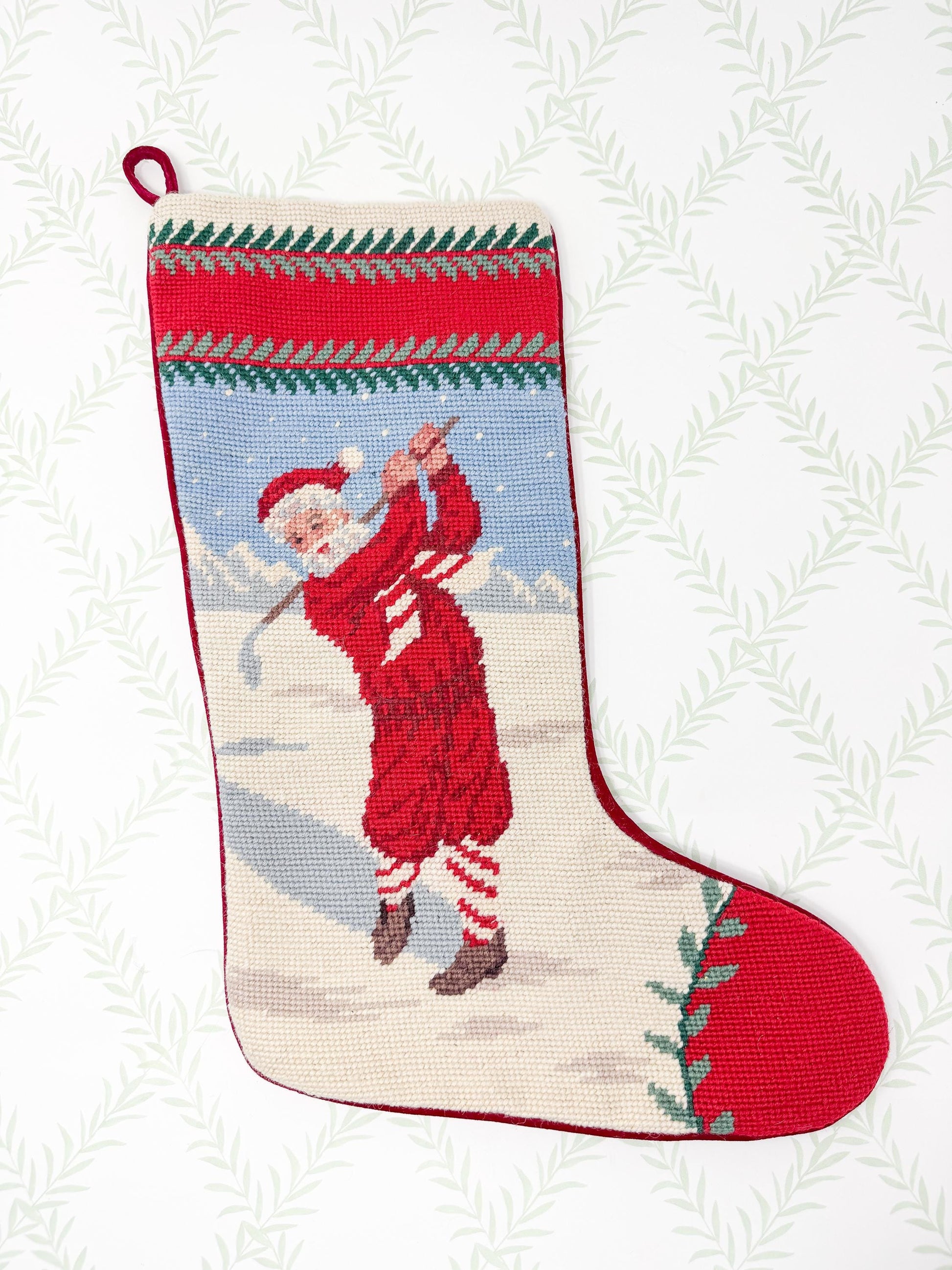 Vintage Needlepoint Christmas Stocking, Santa Golf