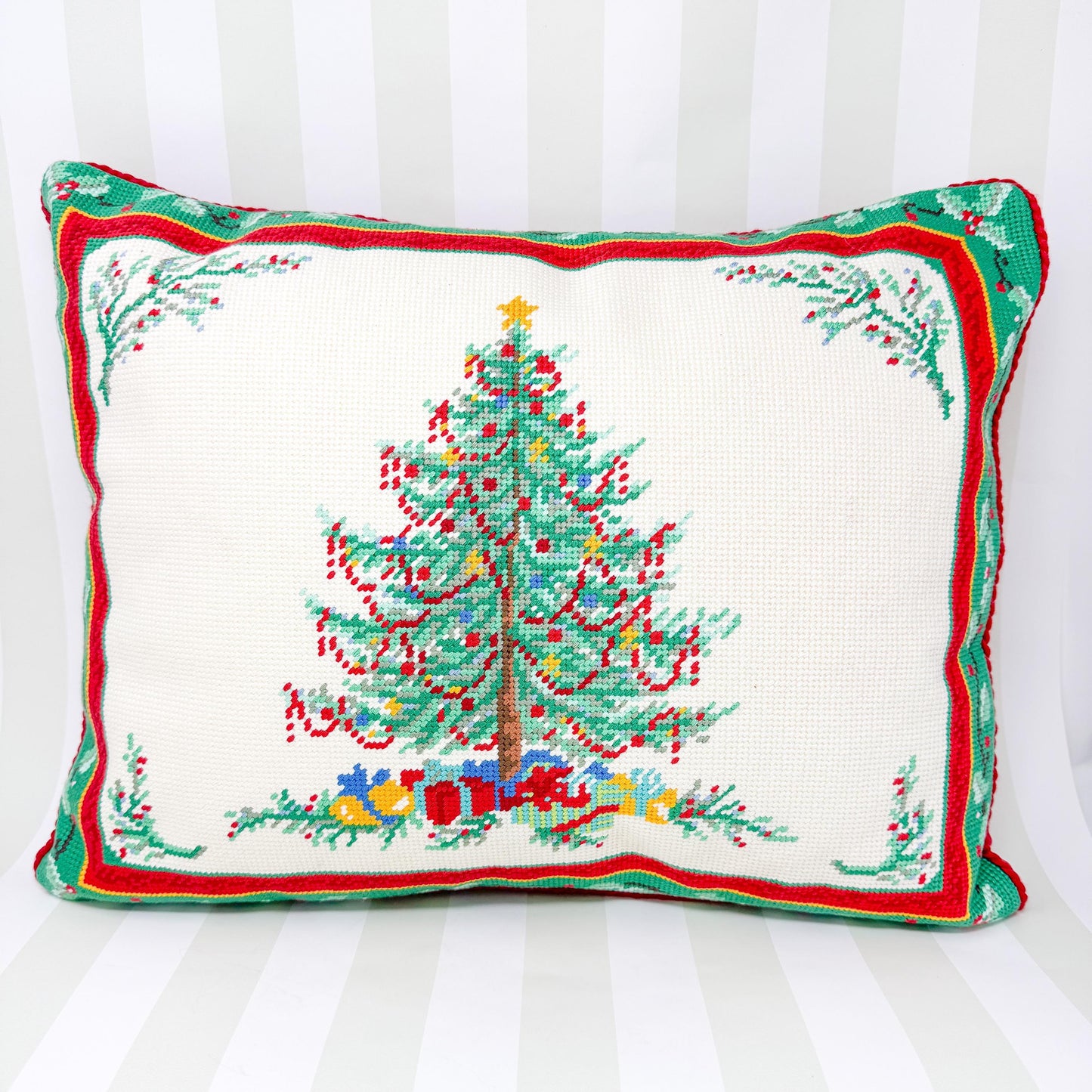 Christmas Tree Holiday Needlepoint Throw Pillow