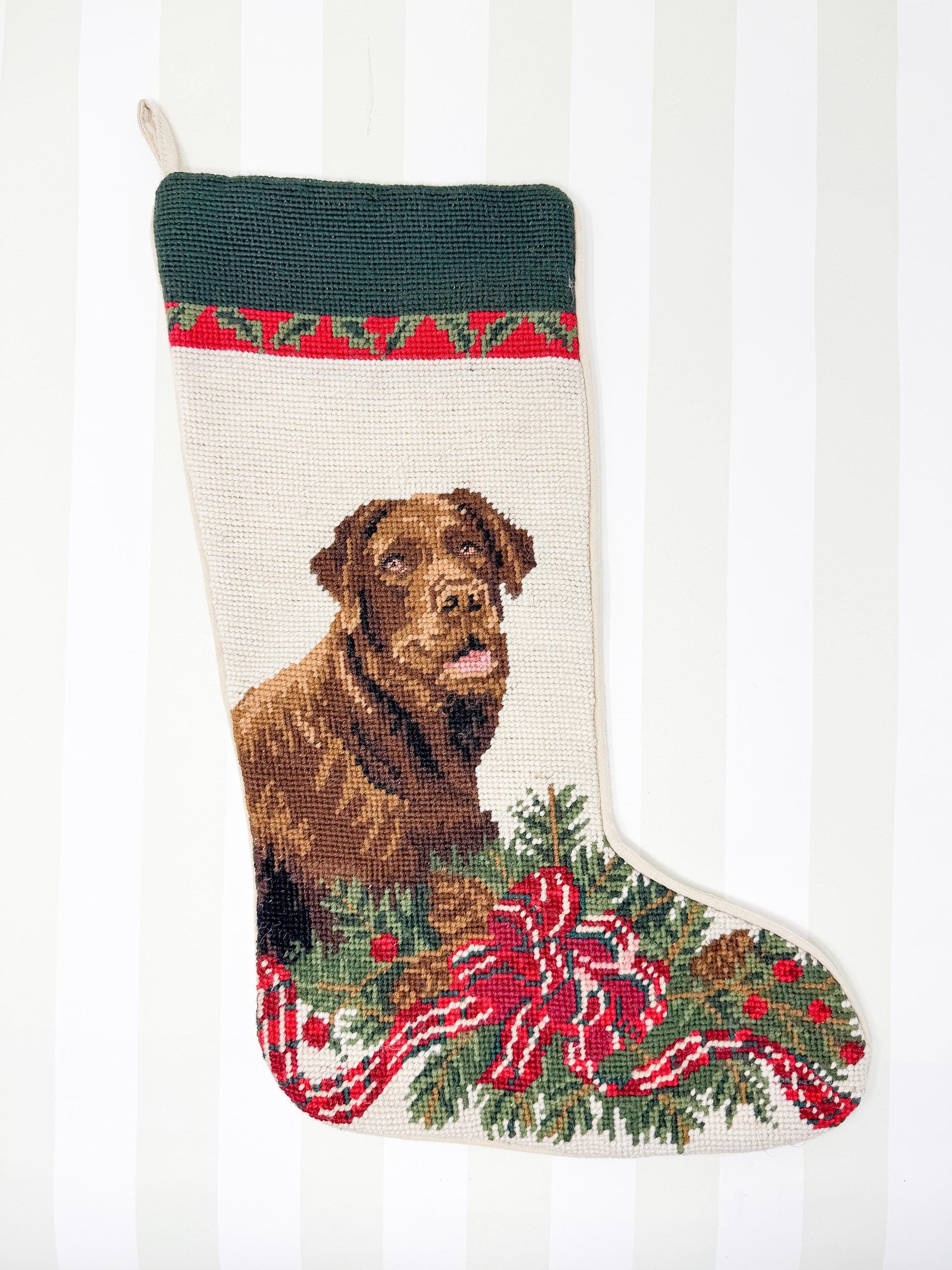Vintage Needlepoint Dog Christmas Stocking, Chocolate Labrador Retriever