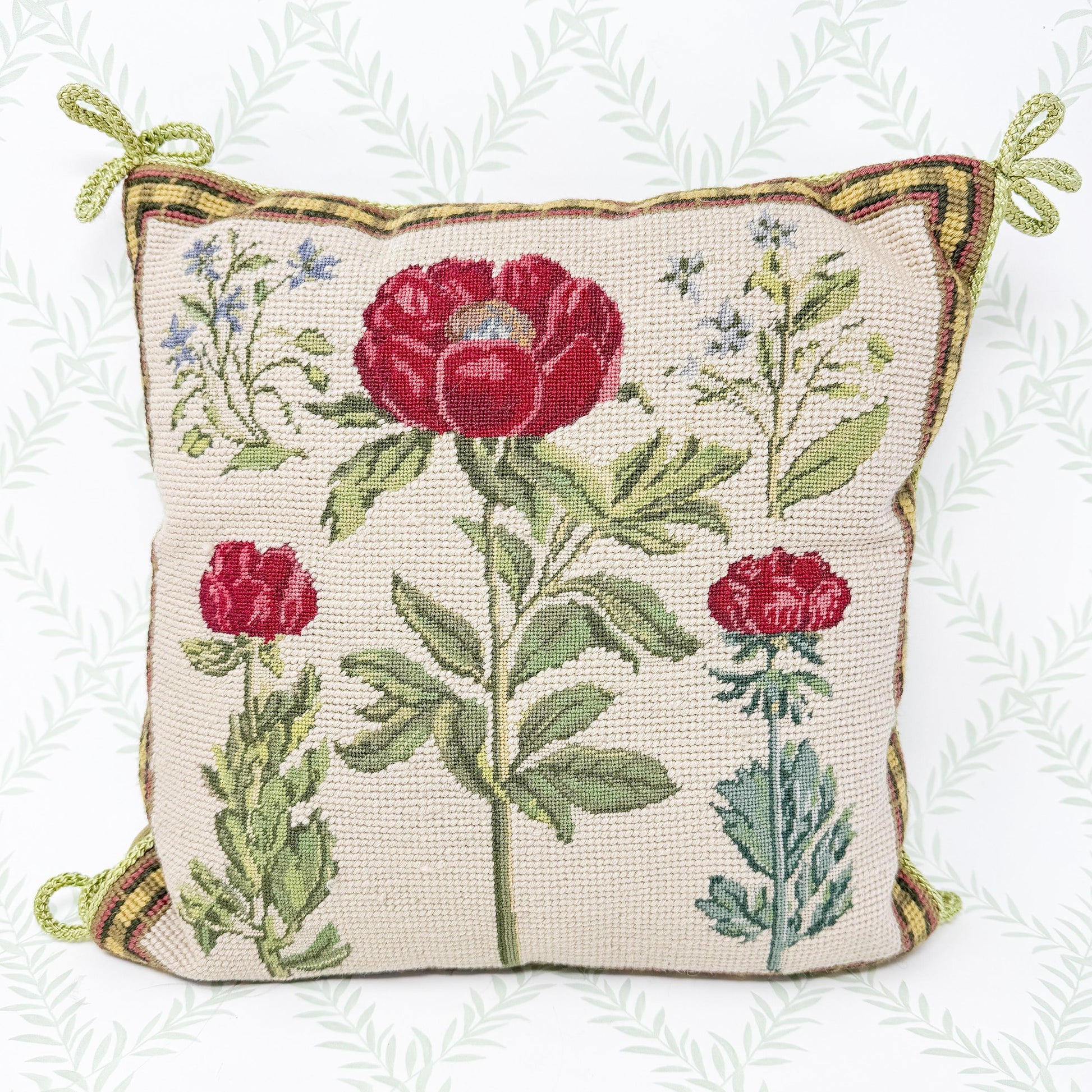 Vintage Needlepoint Pillow, Pink Flower