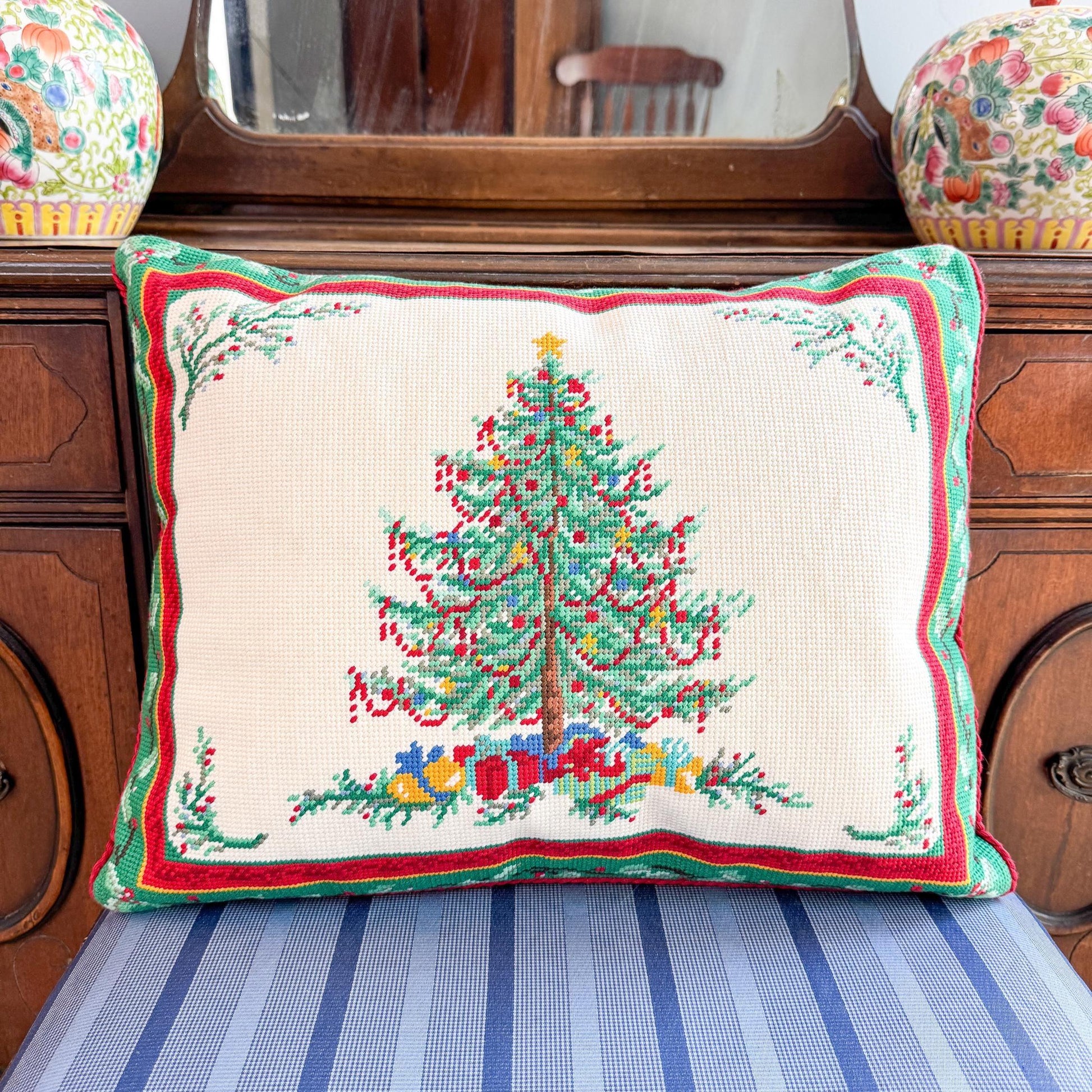 Christmas Tree Holiday Needlepoint Throw Pillow