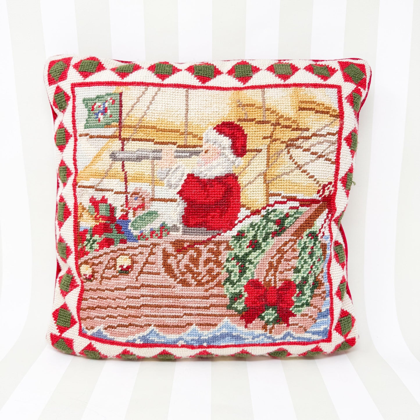 Vintage Needlepoint Santa Sailing Christmas Pillow, 14"