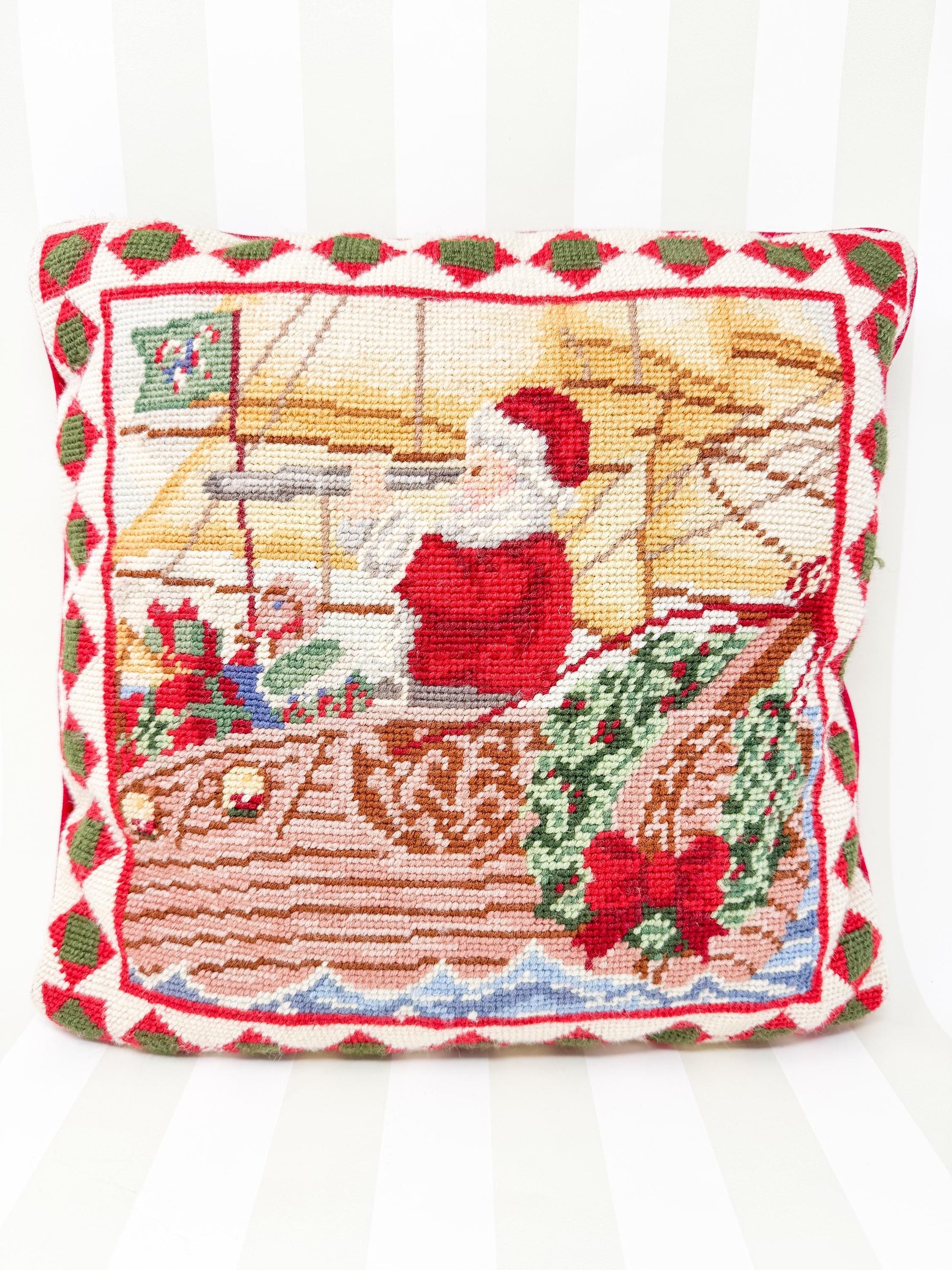 Vintage Needlepoint Santa Sailing Christmas Pillow, 14"