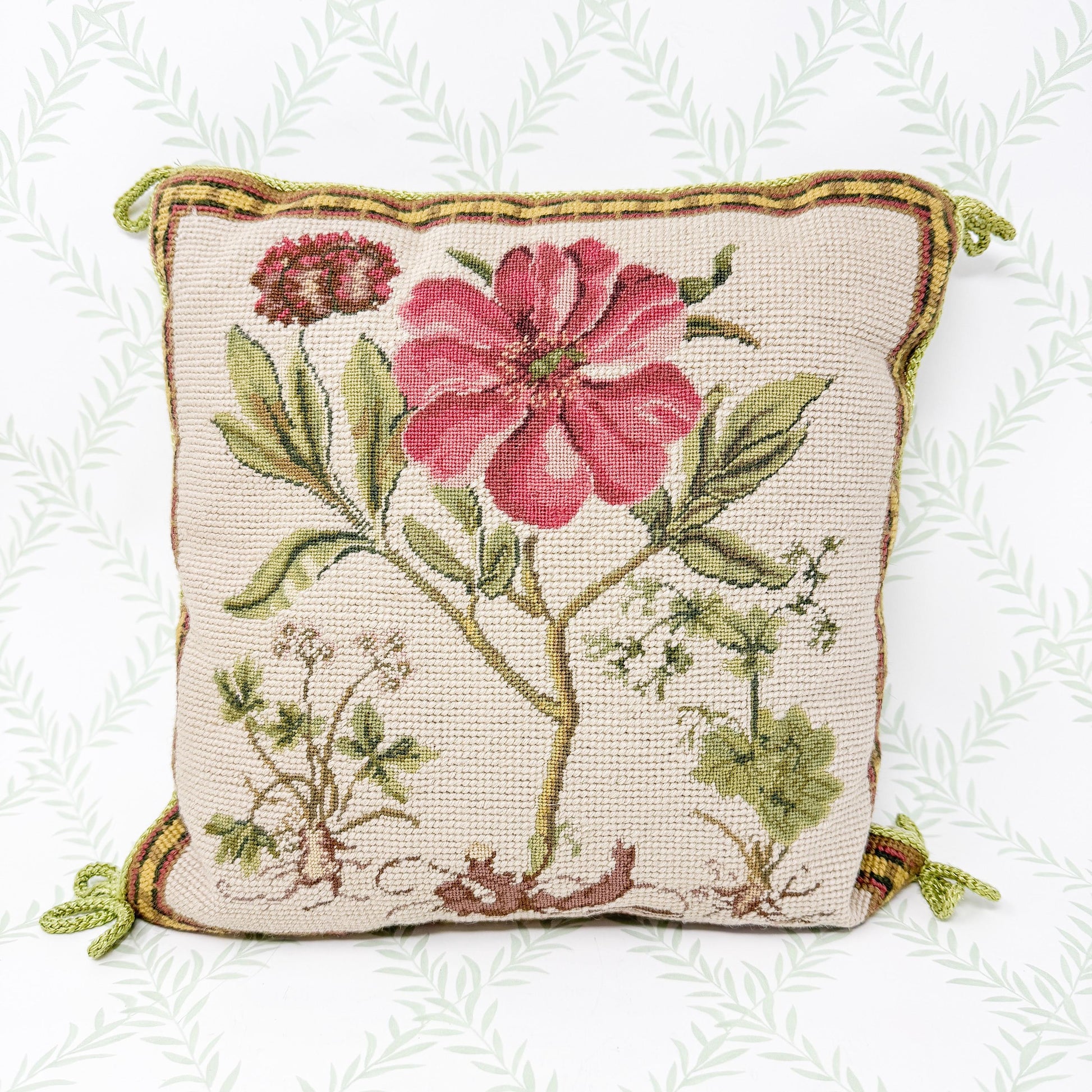 Vintage Needlepoint Pillow, Pink Flower