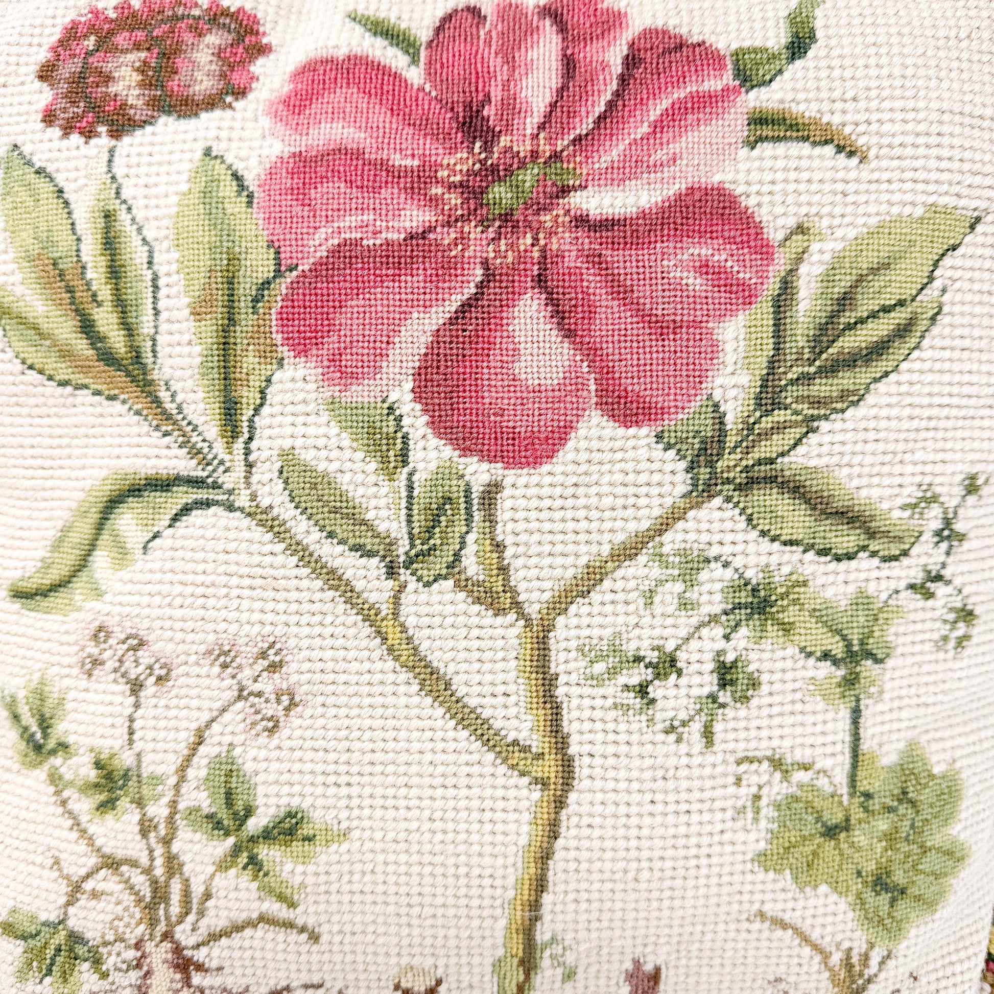 Vintage Needlepoint Pillow, Pink Flower