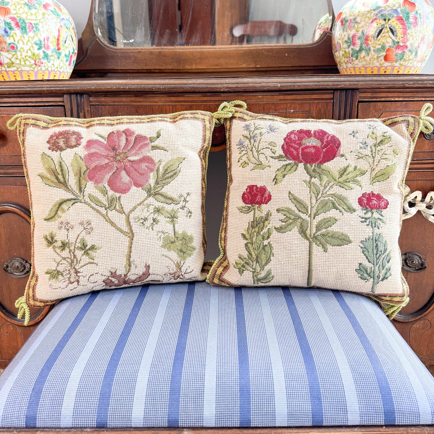 Vintage Needlepoint Pillow, Pink Flower