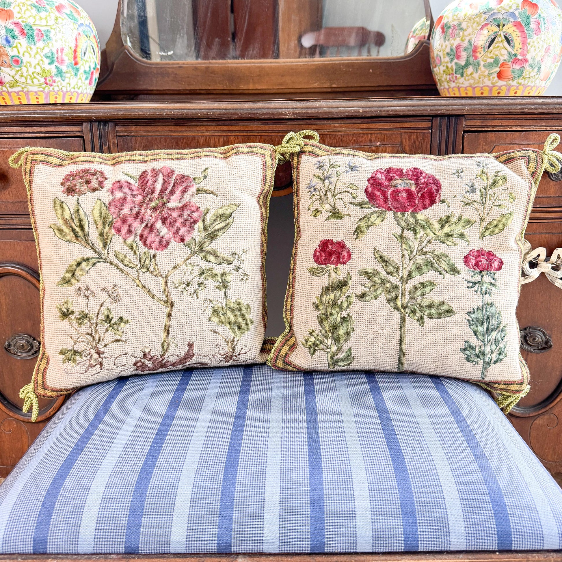 Vintage Needlepoint Pillow, Pink Flower