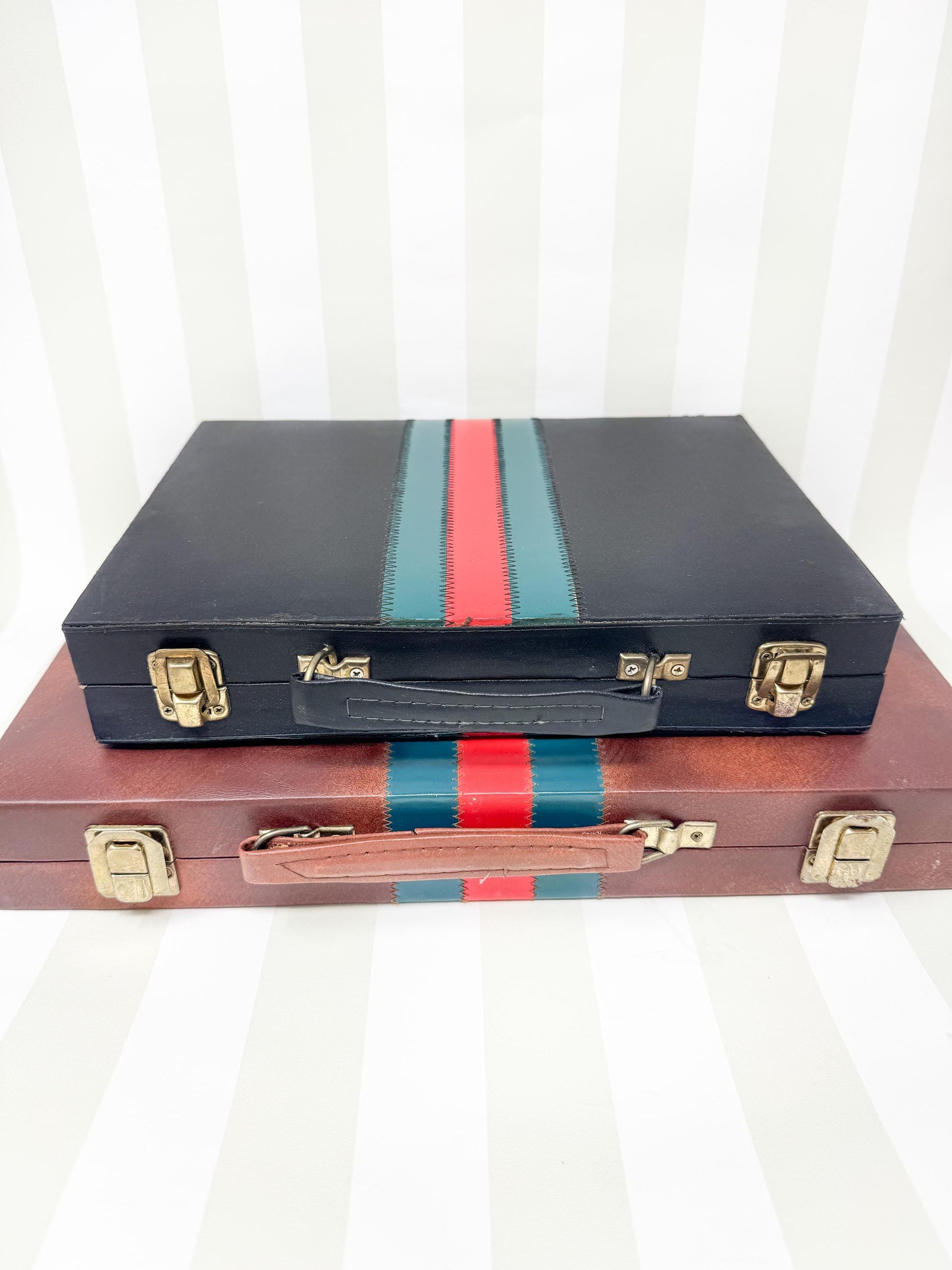 Vintage Backgammon Set, Black Leather Case with Red and Green Stripe