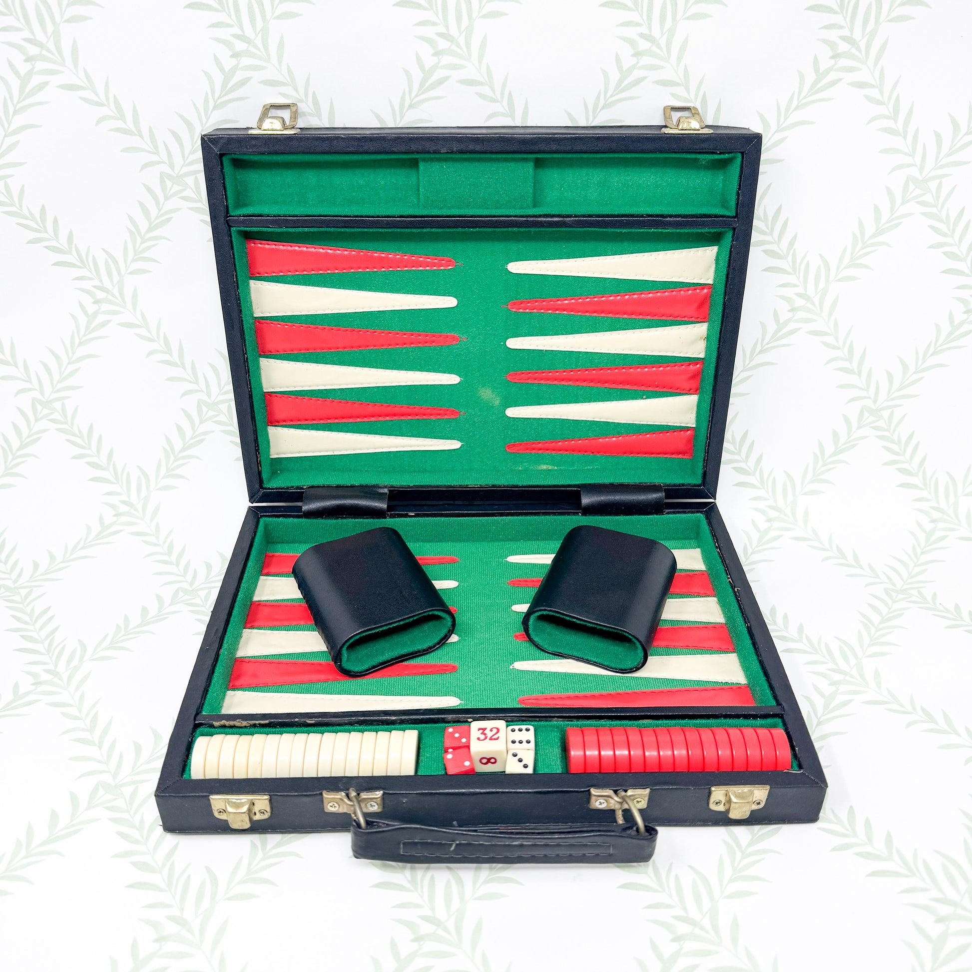 Vintage Backgammon Set, Black Leather Case with Red and Green Stripe