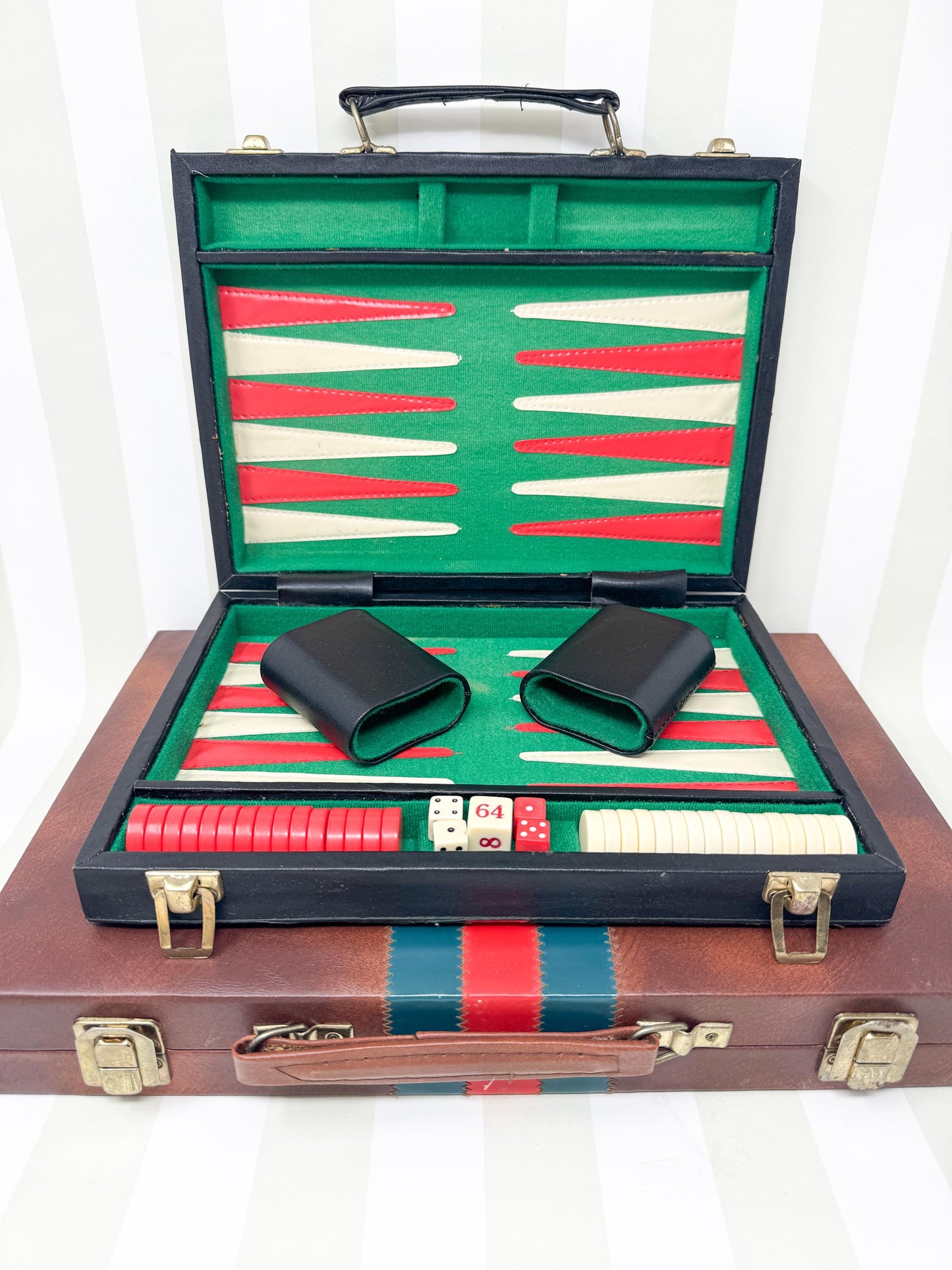 Vintage Backgammon Set, Black Leather Case with Red and Green Stripe