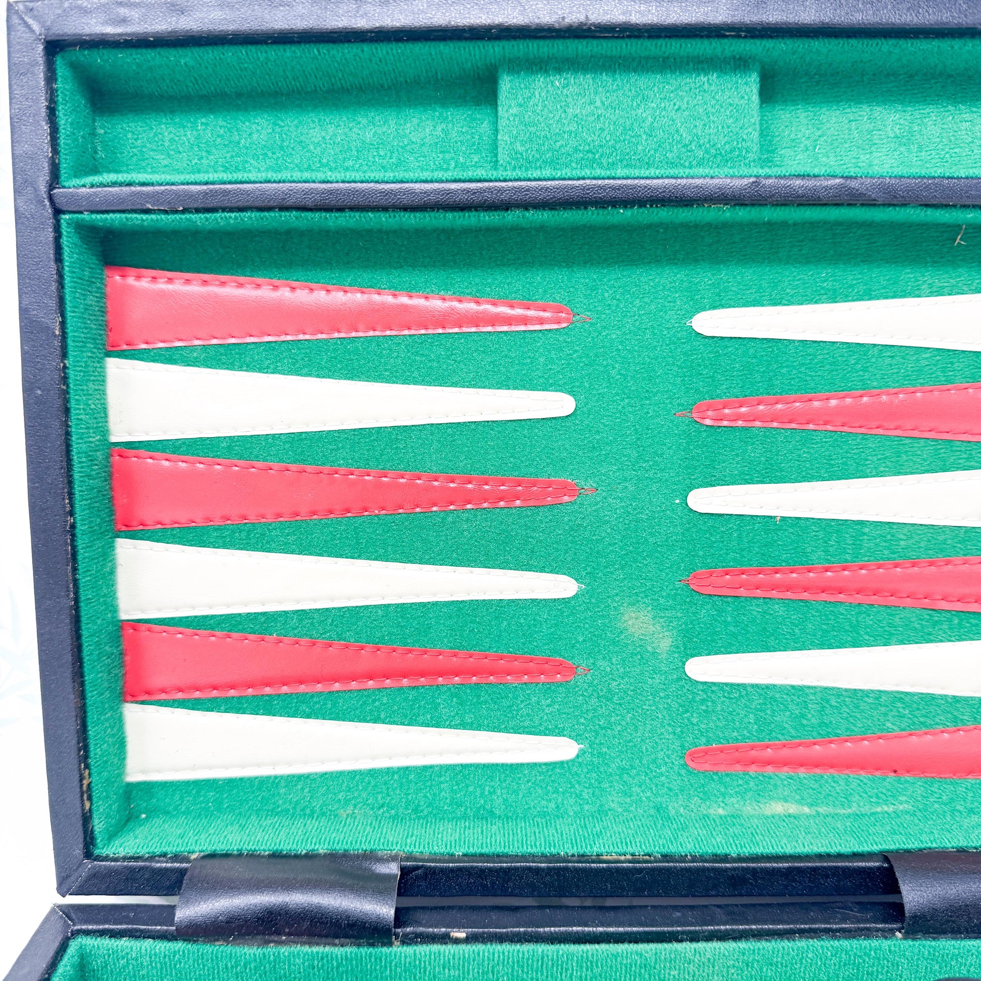 Vintage Backgammon Set, Black Leather Case with Red and Green Stripe