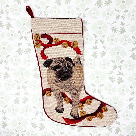 Vintage Needlepoint Dog Christmas Stocking, Pug