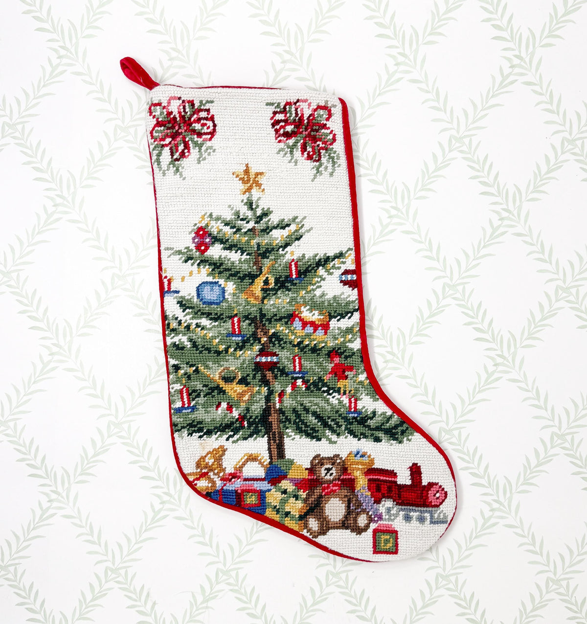 Vintage Handmade Needlepoint Christmas Stocking, Christmas Tree and Toys