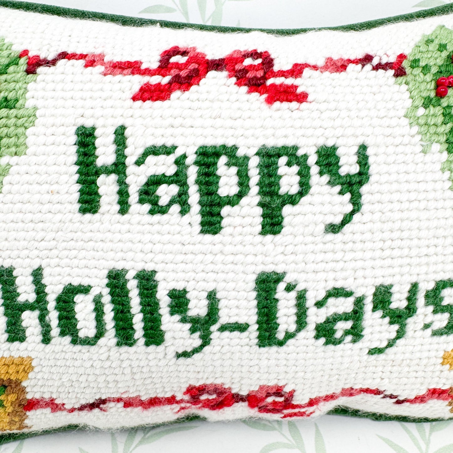 Vintage Christmas Needlepoint Pillow, Happy Holly-days