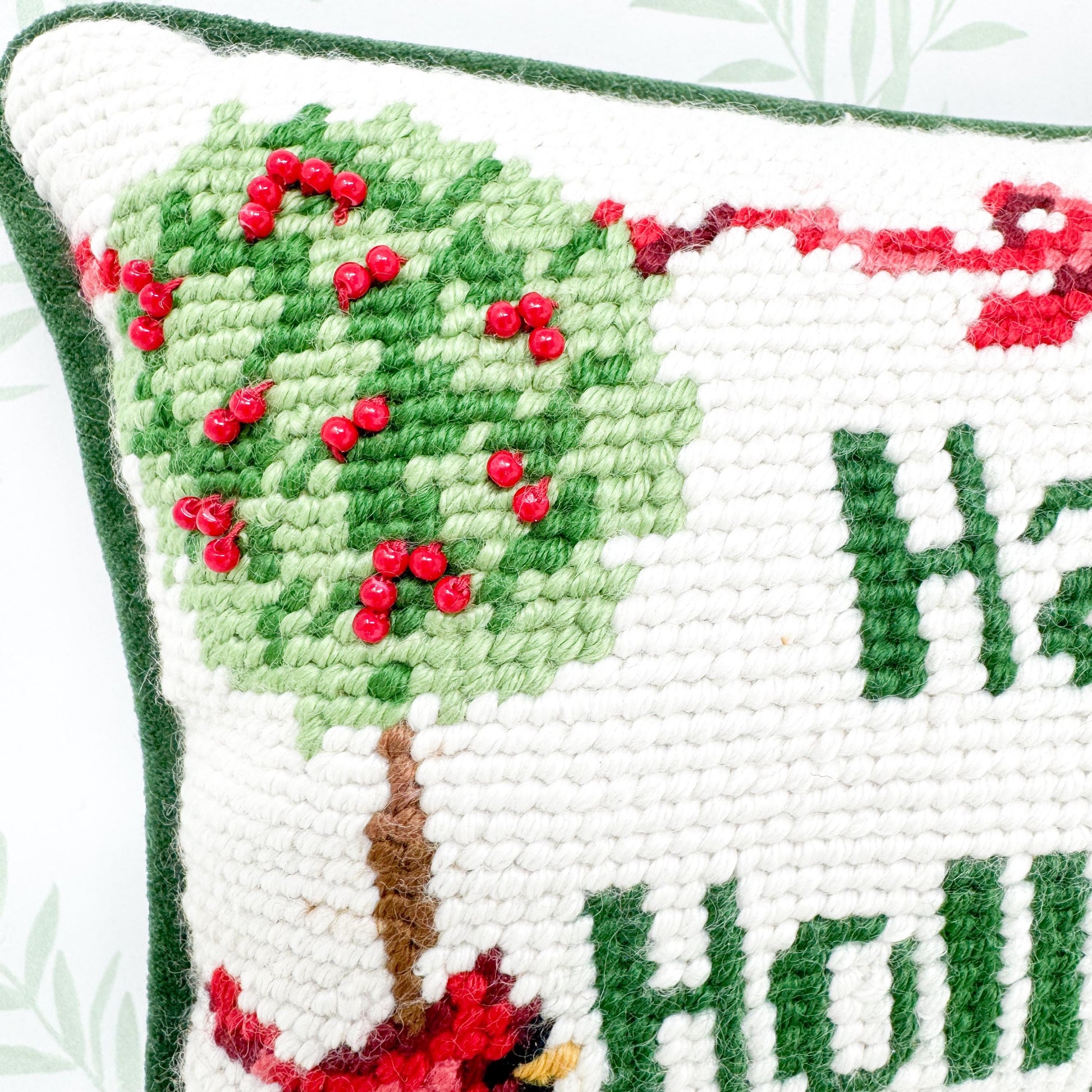 Vintage Christmas Needlepoint Pillow, Happy Holly-days