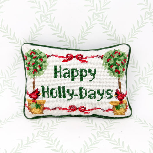 Vintage Christmas Needlepoint Pillow, Happy Holly-days