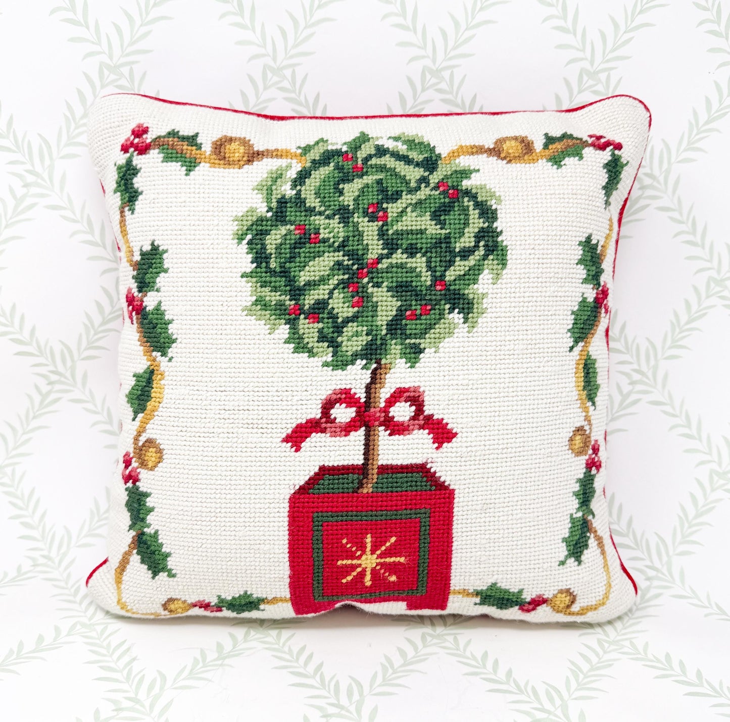 Vintage Christmas Needlepoint Pillow, Boxwood Topiary