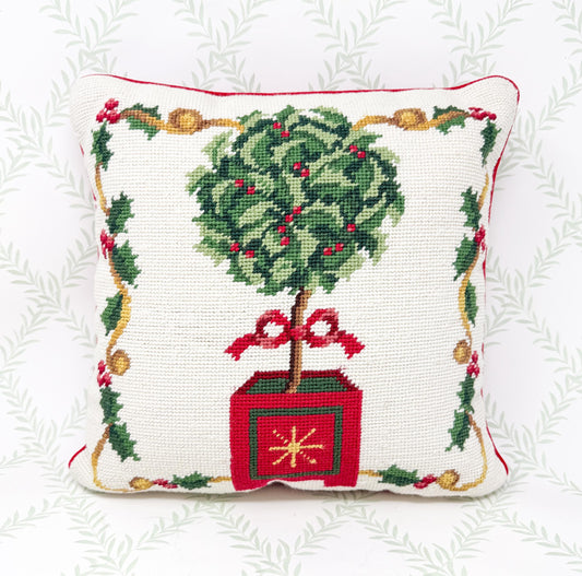 Vintage Christmas Needlepoint Pillow, Boxwood Topiary