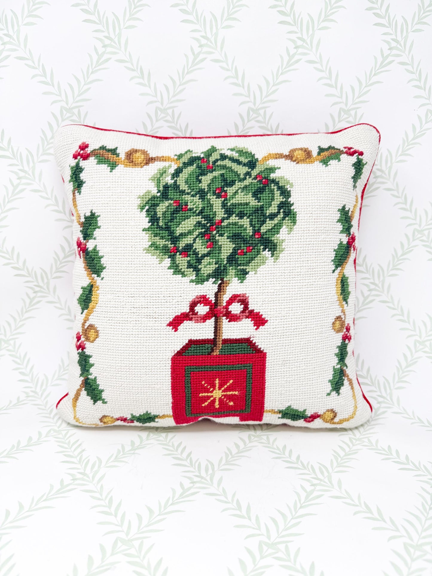 Vintage Christmas Needlepoint Pillow, Boxwood Topiary