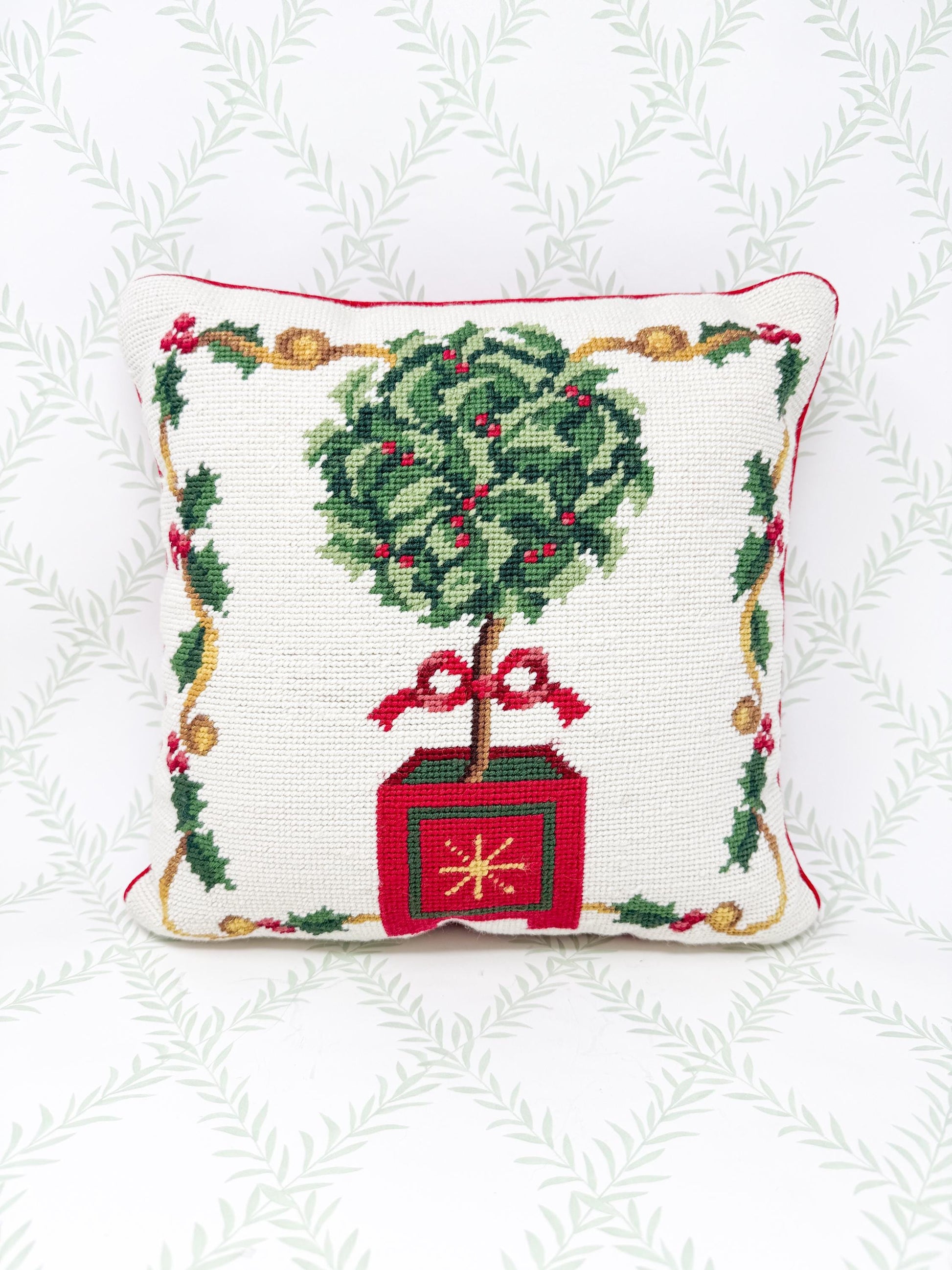 Vintage Christmas Needlepoint Pillow, Boxwood Topiary