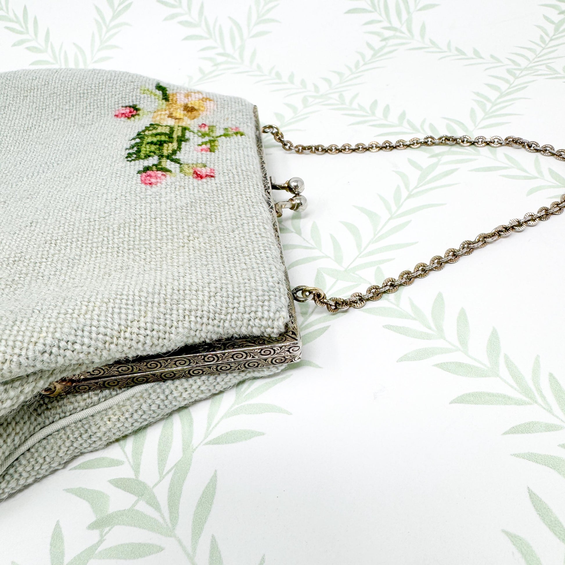 Vintage Handmade Needlepoint Purse, Strawberries and Flowers