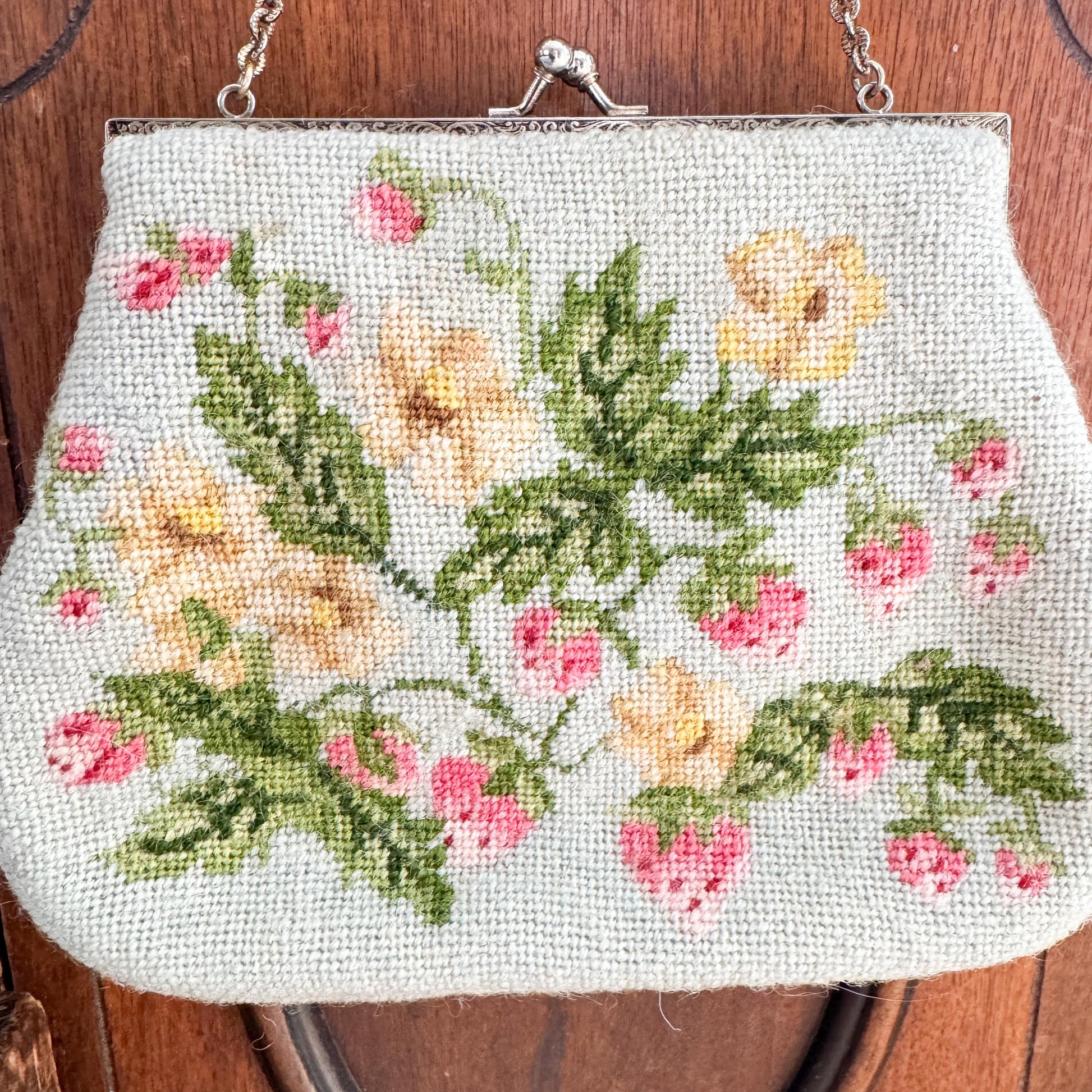 Vintage Handmade Needlepoint Purse, Strawberries and Flowers