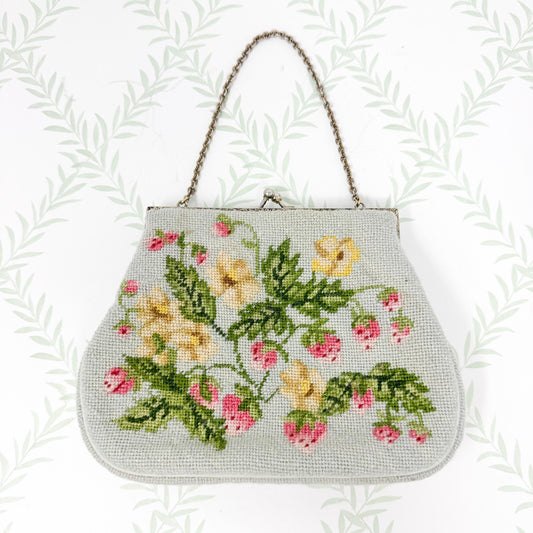 Vintage Handmade Needlepoint Purse, Strawberries and Flowers