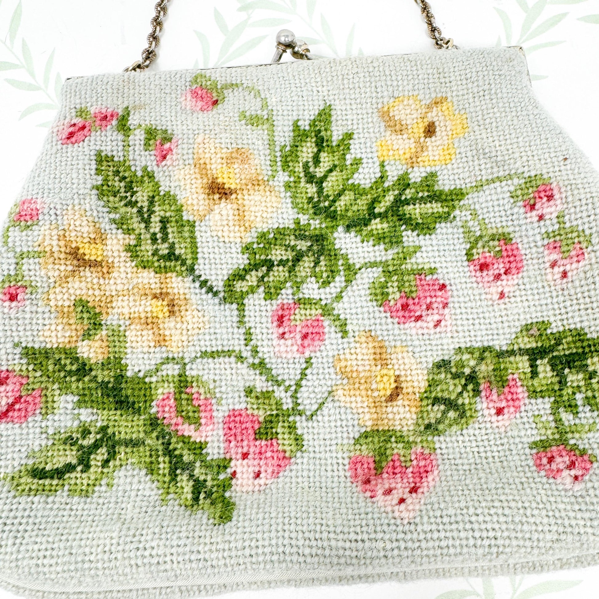 Vintage Handmade Needlepoint Purse, Strawberries and Flowers