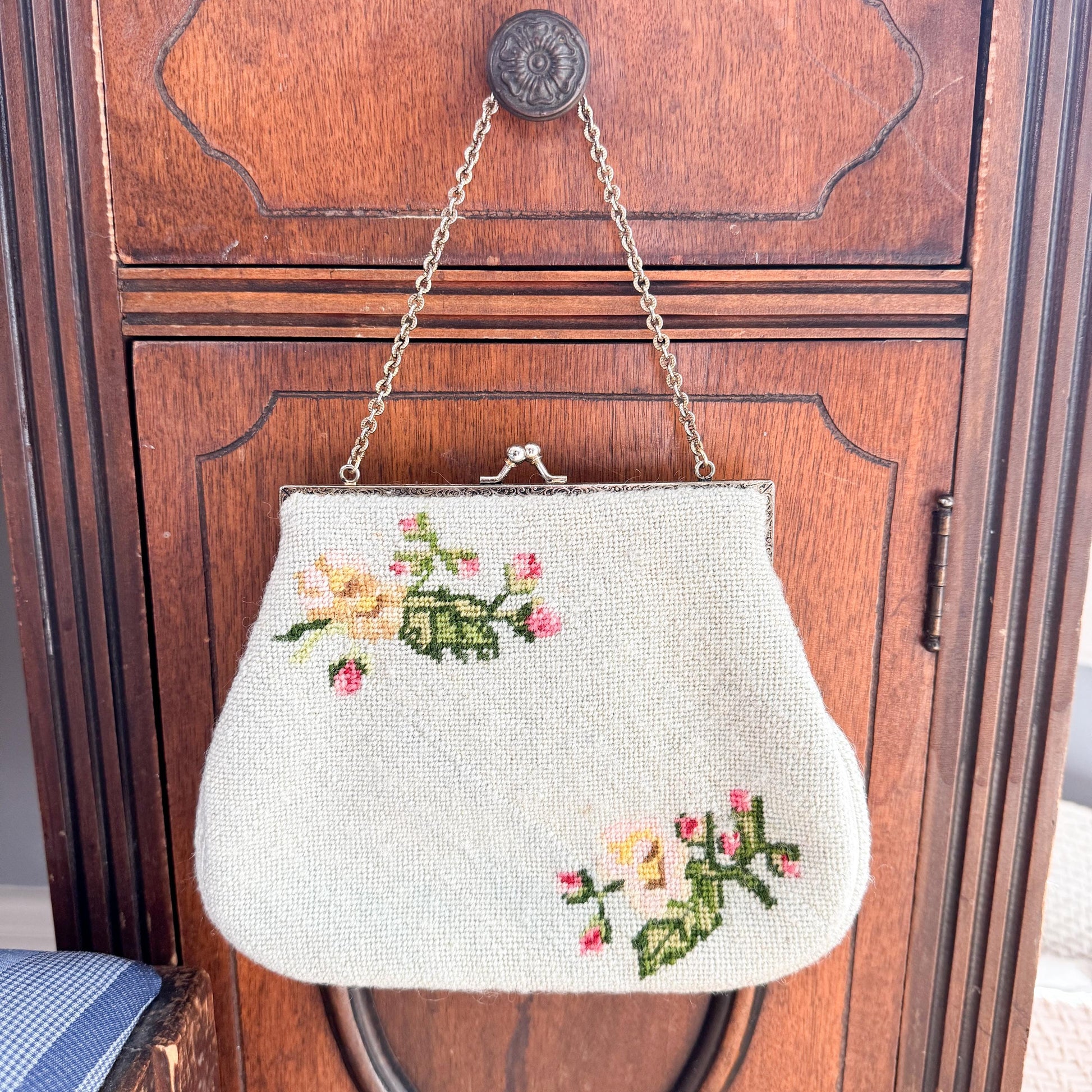 Vintage Handmade Needlepoint Purse, Strawberries and Flowers