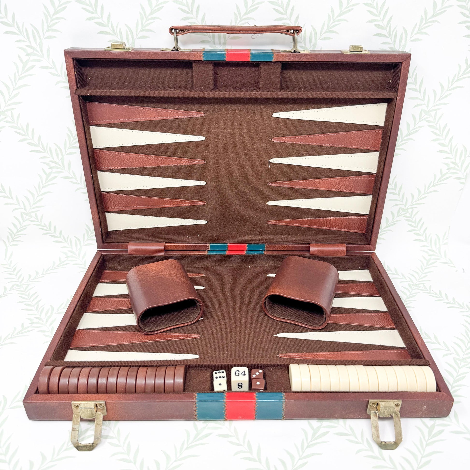 Vintage Full Size Backgammon Set, Brown Leather Case with Red and Green Stripe