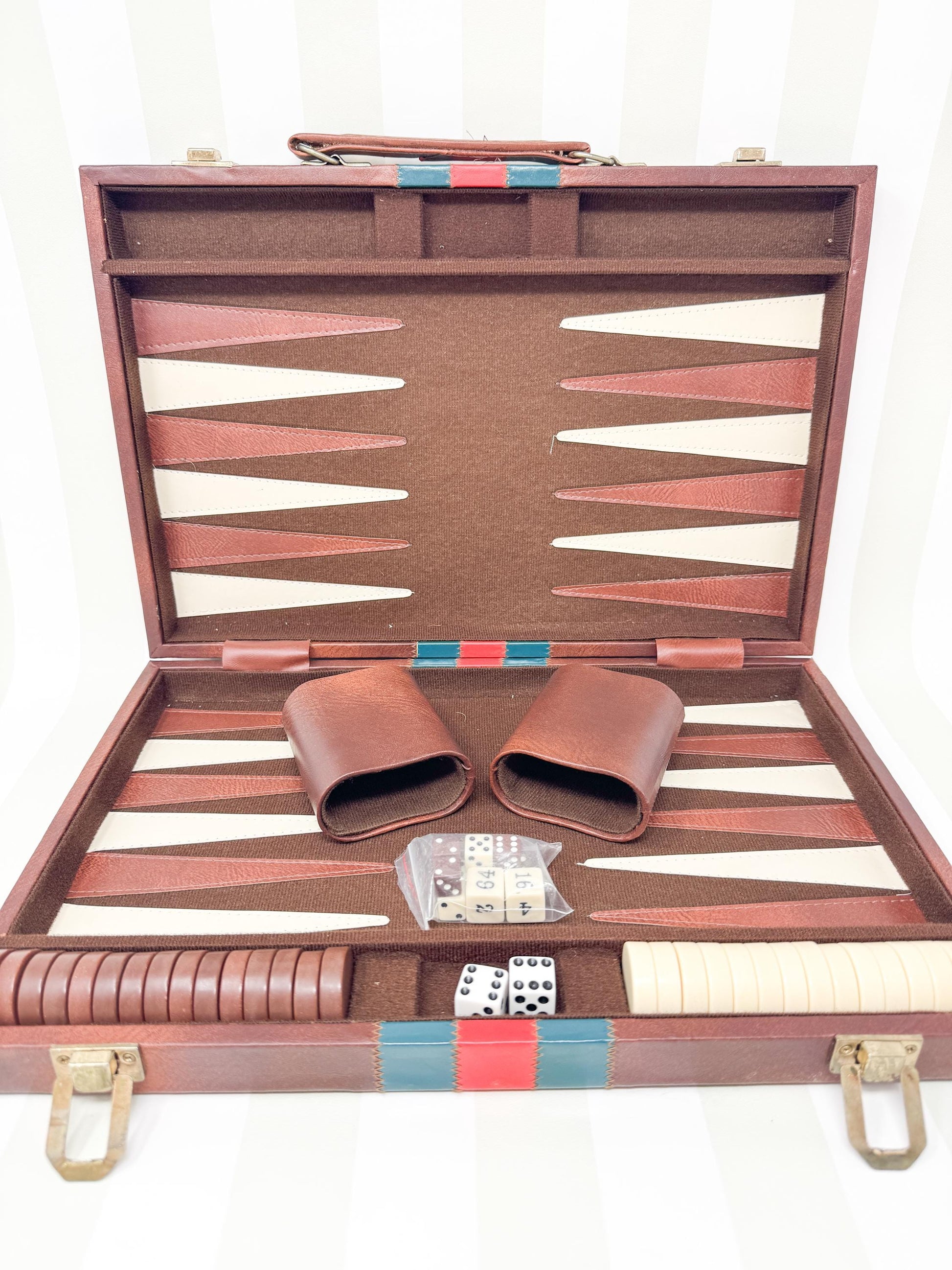 Vintage Full Size Backgammon Set, Brown Leather Case with Red and Green Stripe