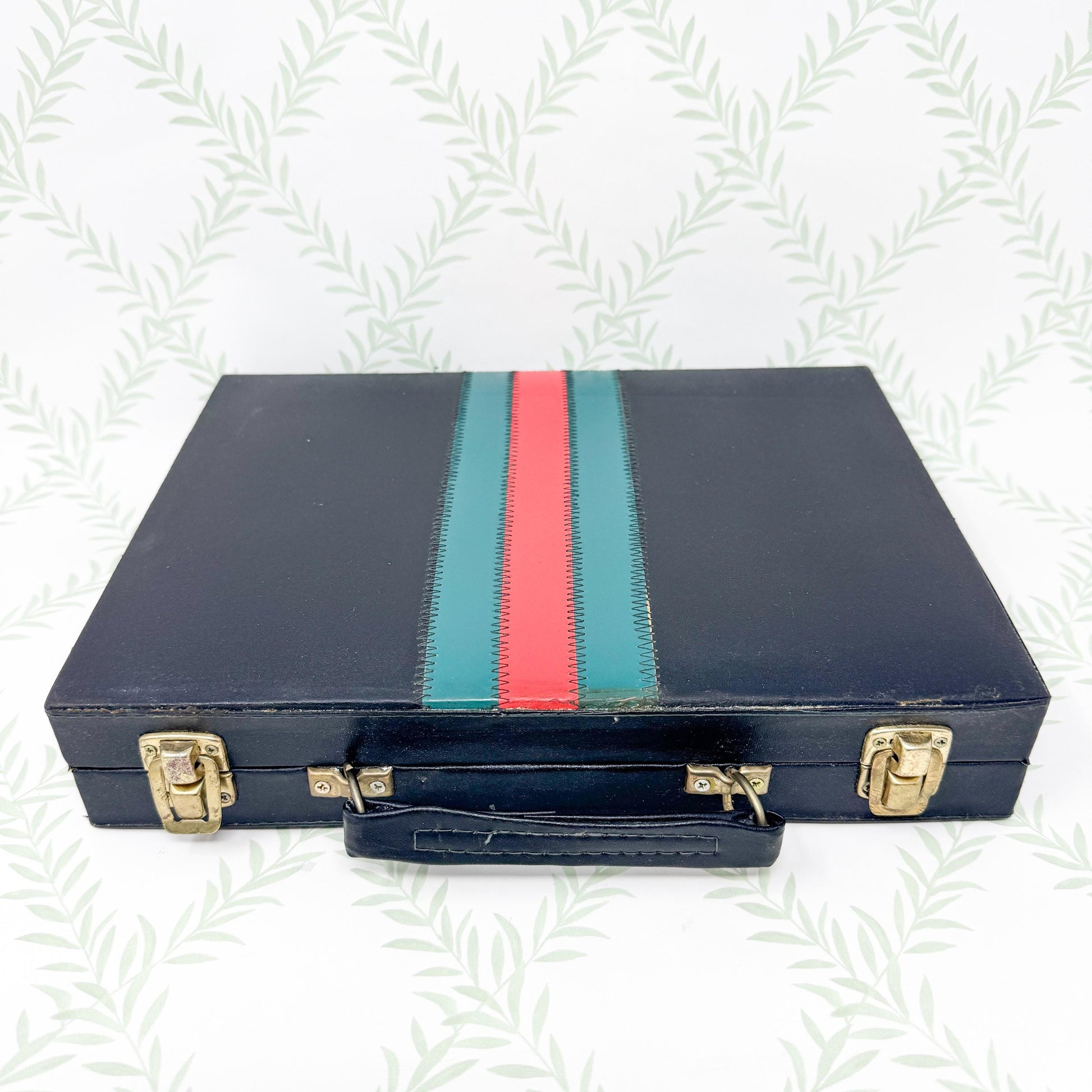 Vintage Backgammon Set, Black Leather Case with Red and Green Stripe
