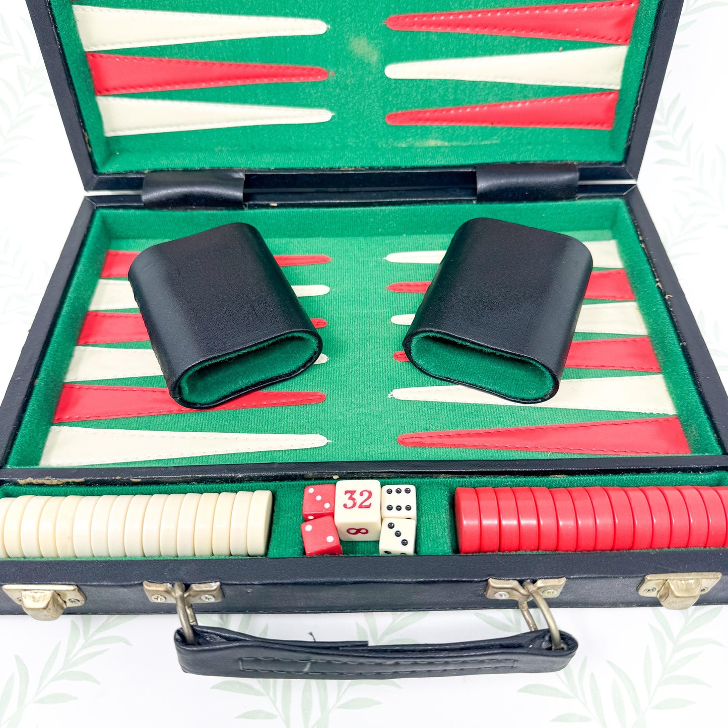 Vintage Backgammon Set, Black Leather Case with Red and Green Stripe