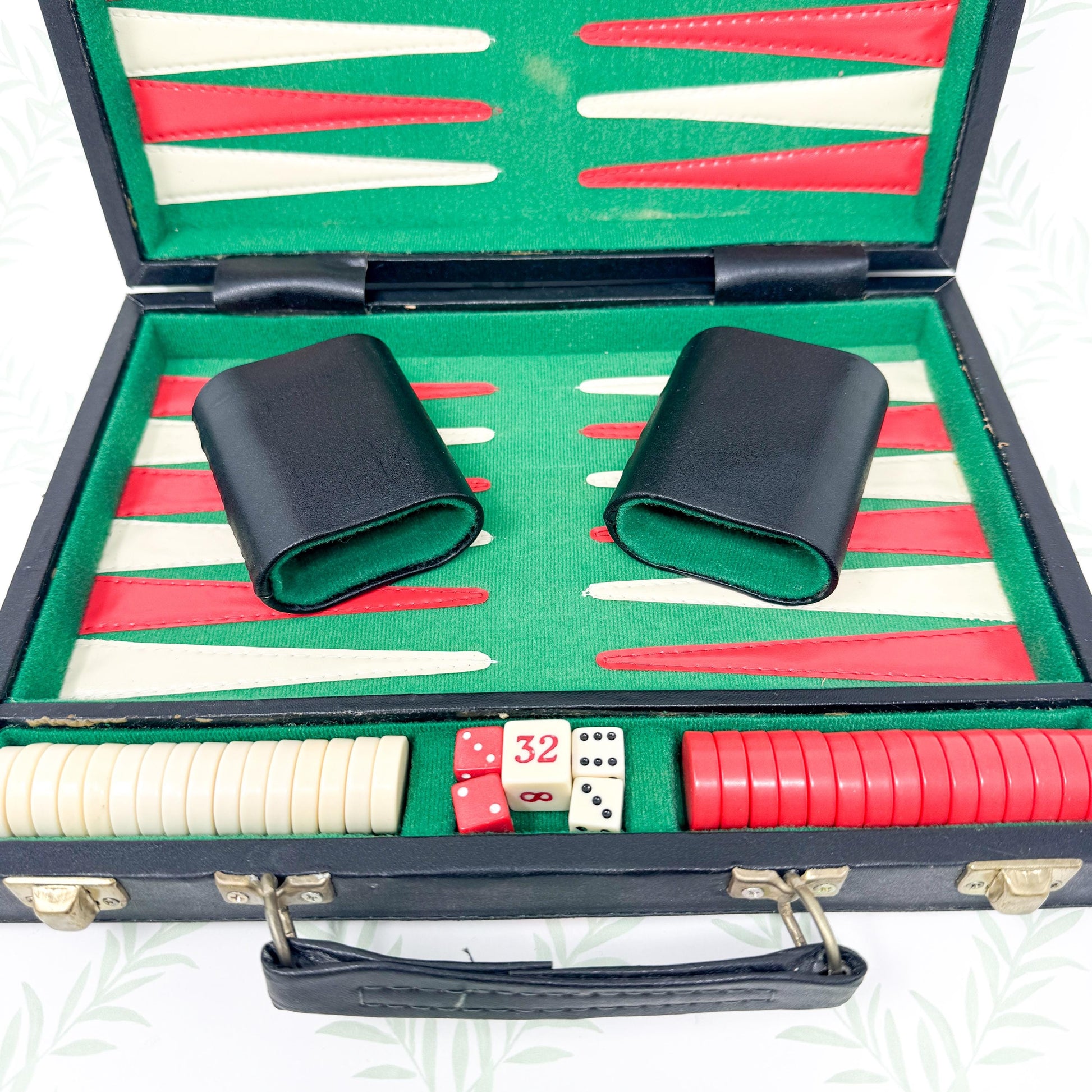 Vintage Backgammon Set, Black Leather Case with Red and Green Stripe