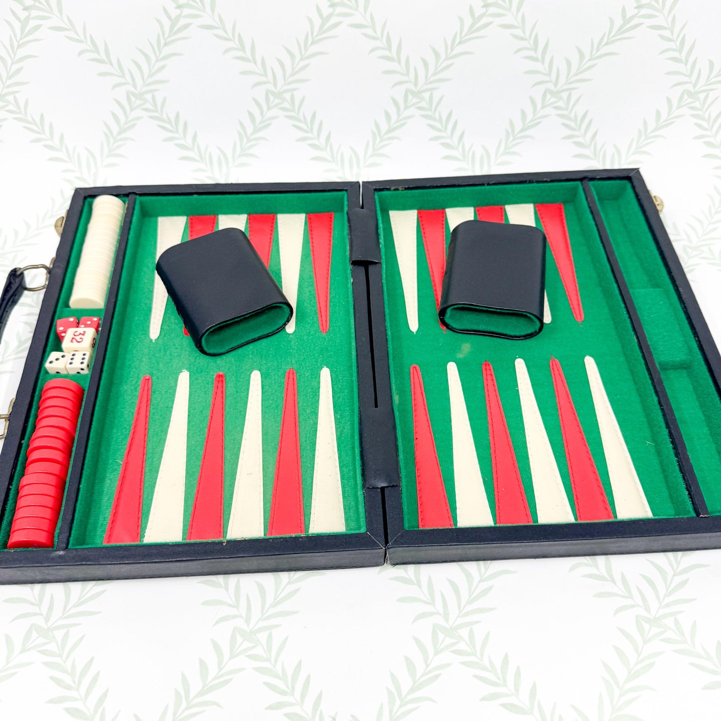 Vintage Backgammon Set, Black Leather Case with Red and Green Stripe
