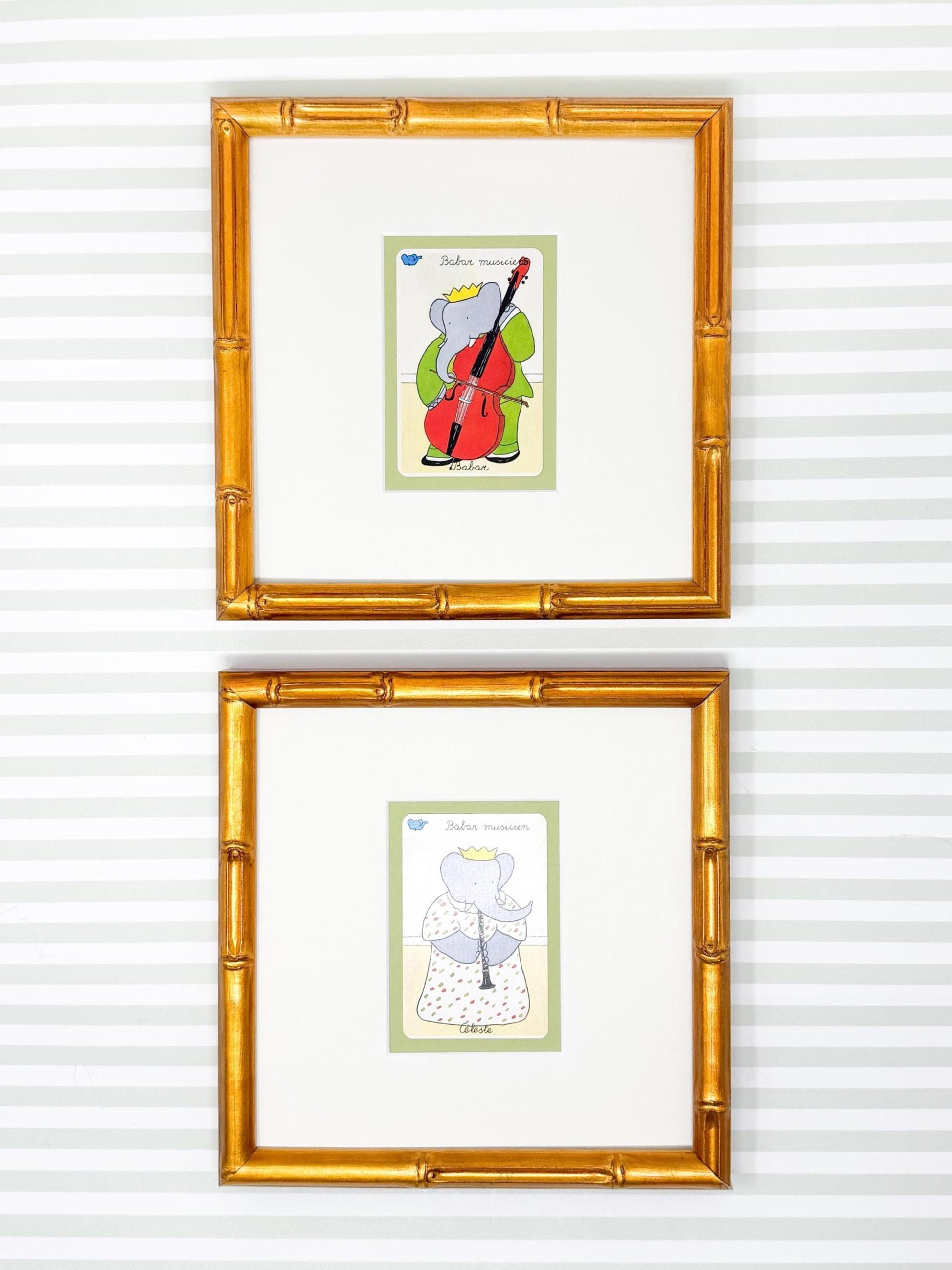 Pair of Vintage Framed Babar and Celeste Cards, Musicians