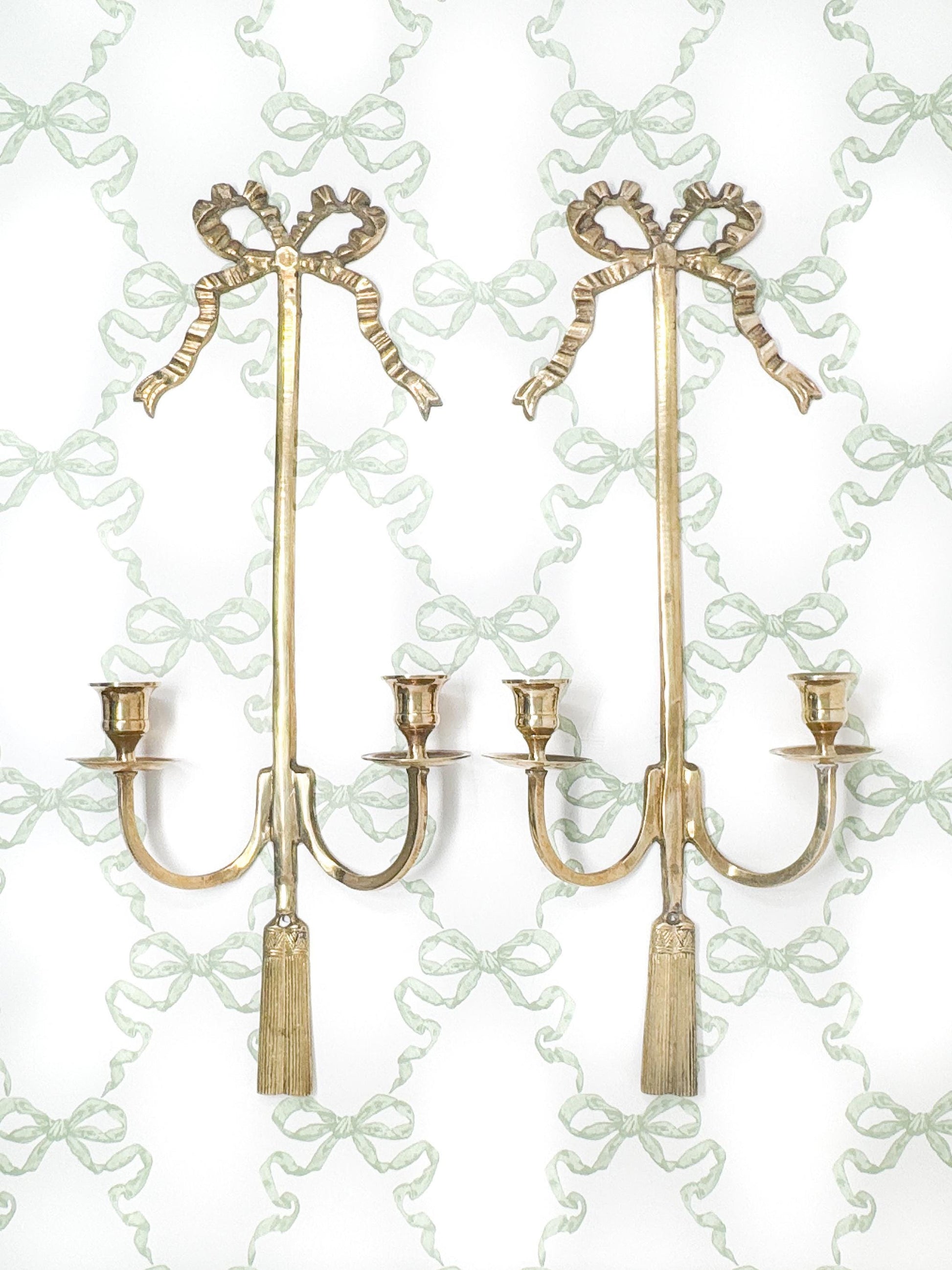 Pair of 20" Vintage Brass Bow Wall Candle Sconces