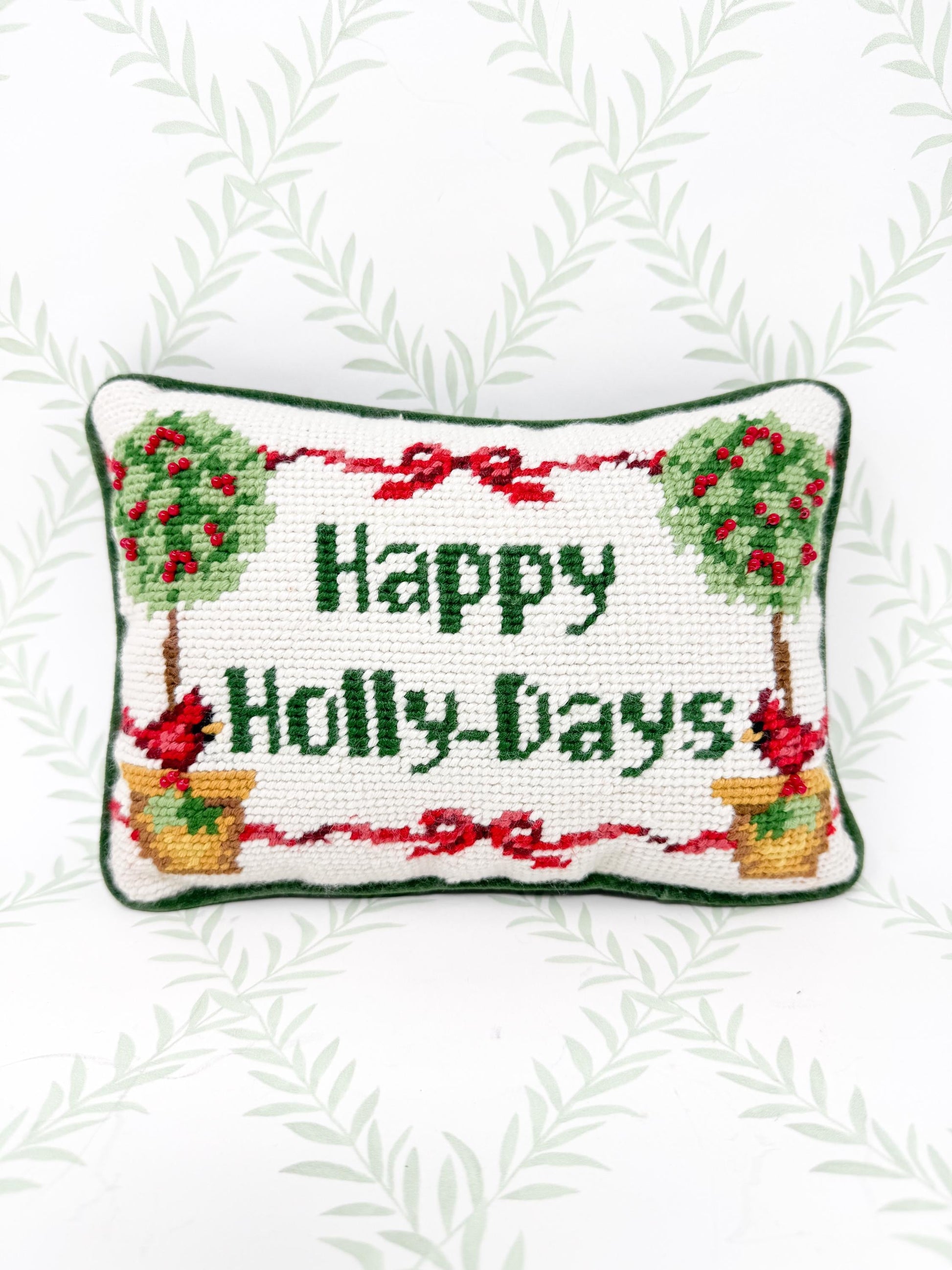 Vintage Christmas Needlepoint Pillow, Happy Holly-days