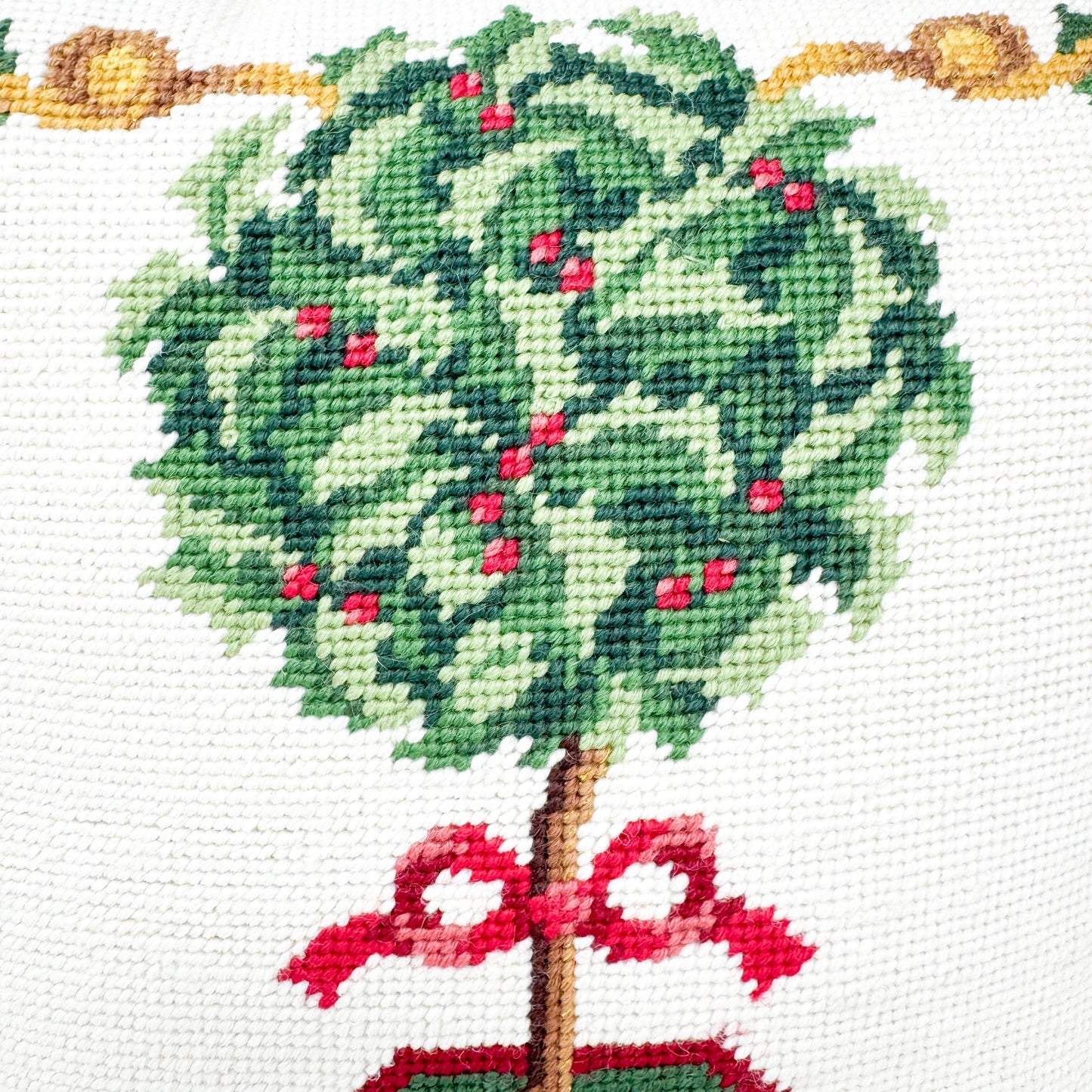 Vintage Christmas Needlepoint Pillow, Boxwood Topiary