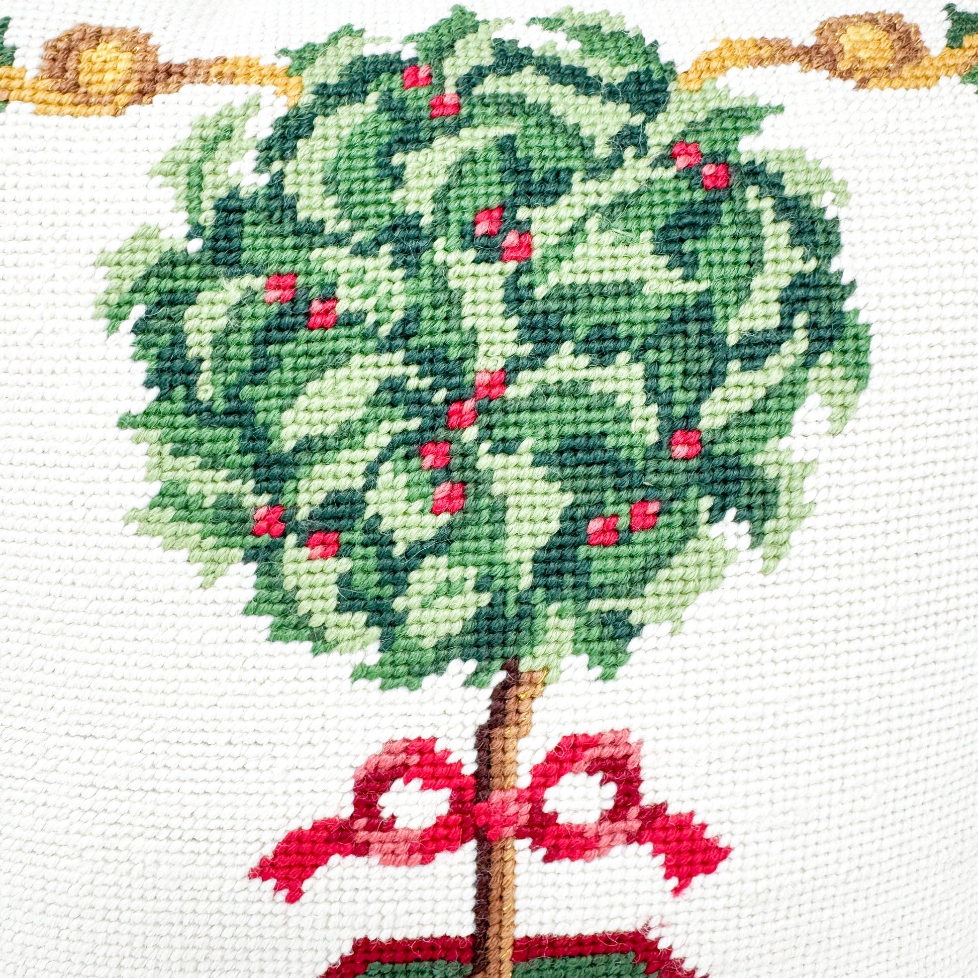 Vintage Christmas Needlepoint Pillow, Boxwood Topiary