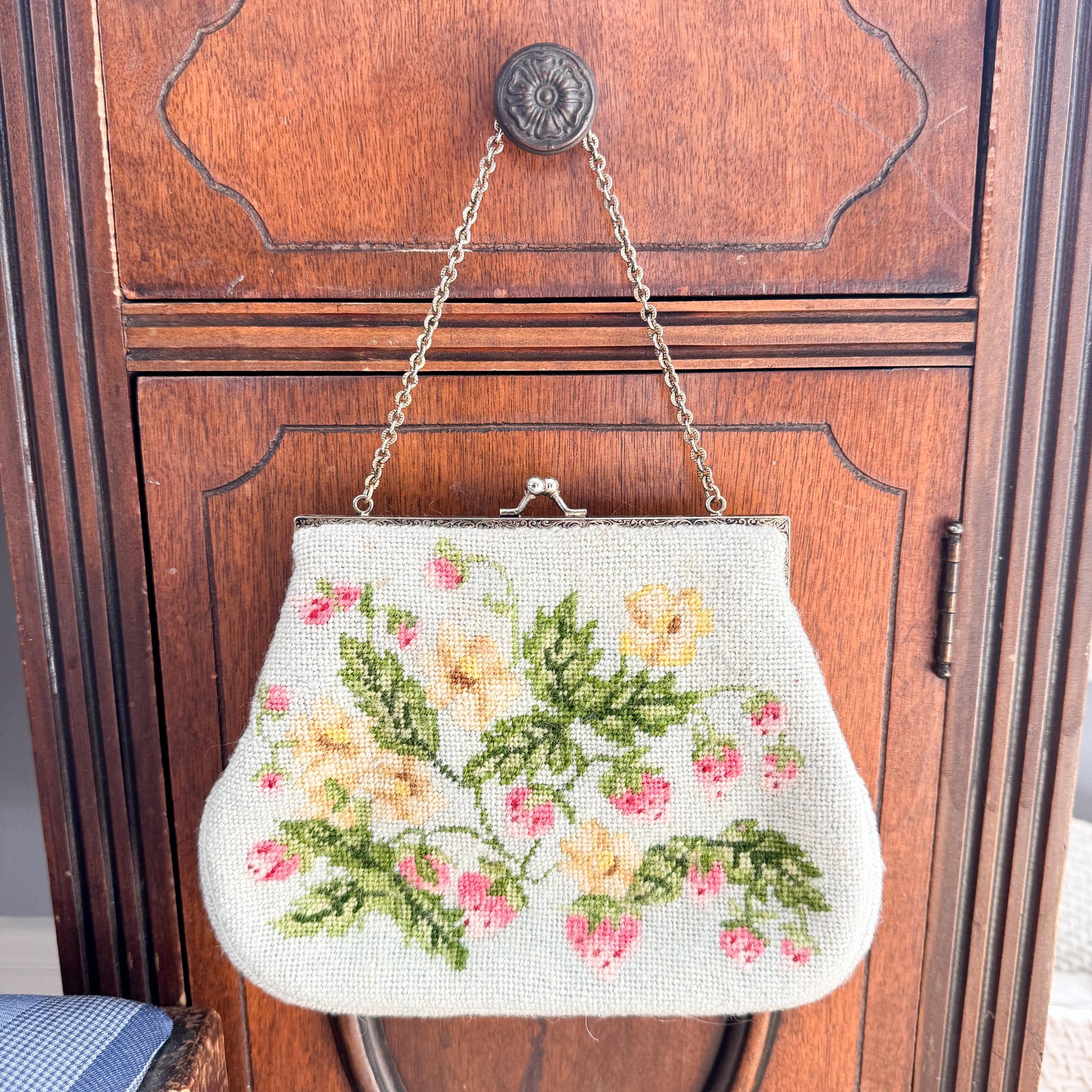 Vintage Handmade Needlepoint Purse, Strawberries and Flowers