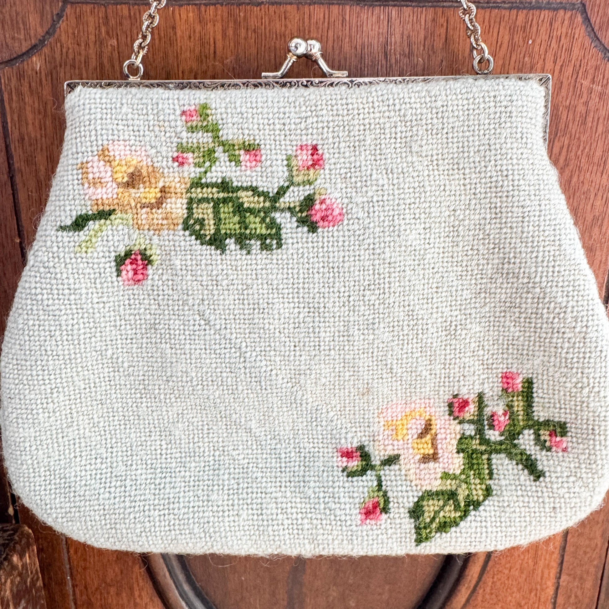 Vintage Handmade Needlepoint Purse, Strawberries and Flowers
