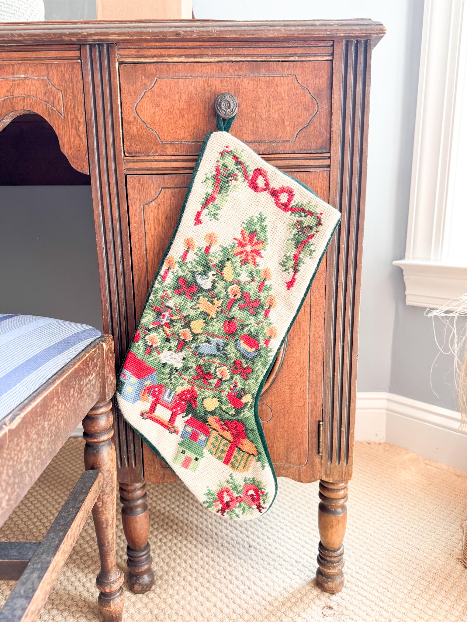 Vintage Needlepoint Christmas Stocking, Christmas Tree and Toys