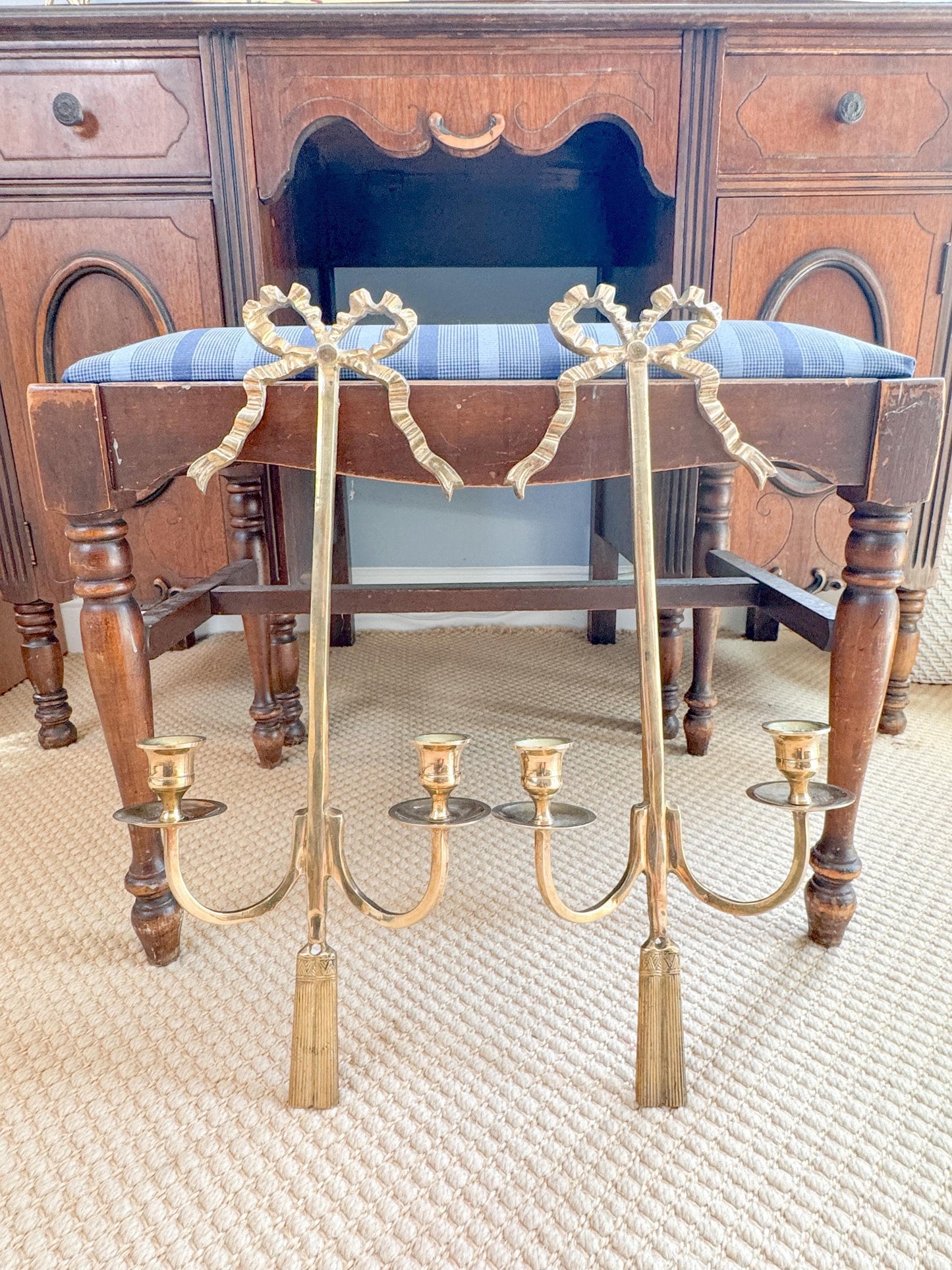 Pair of 20" Vintage Brass Bow Wall Candle Sconces