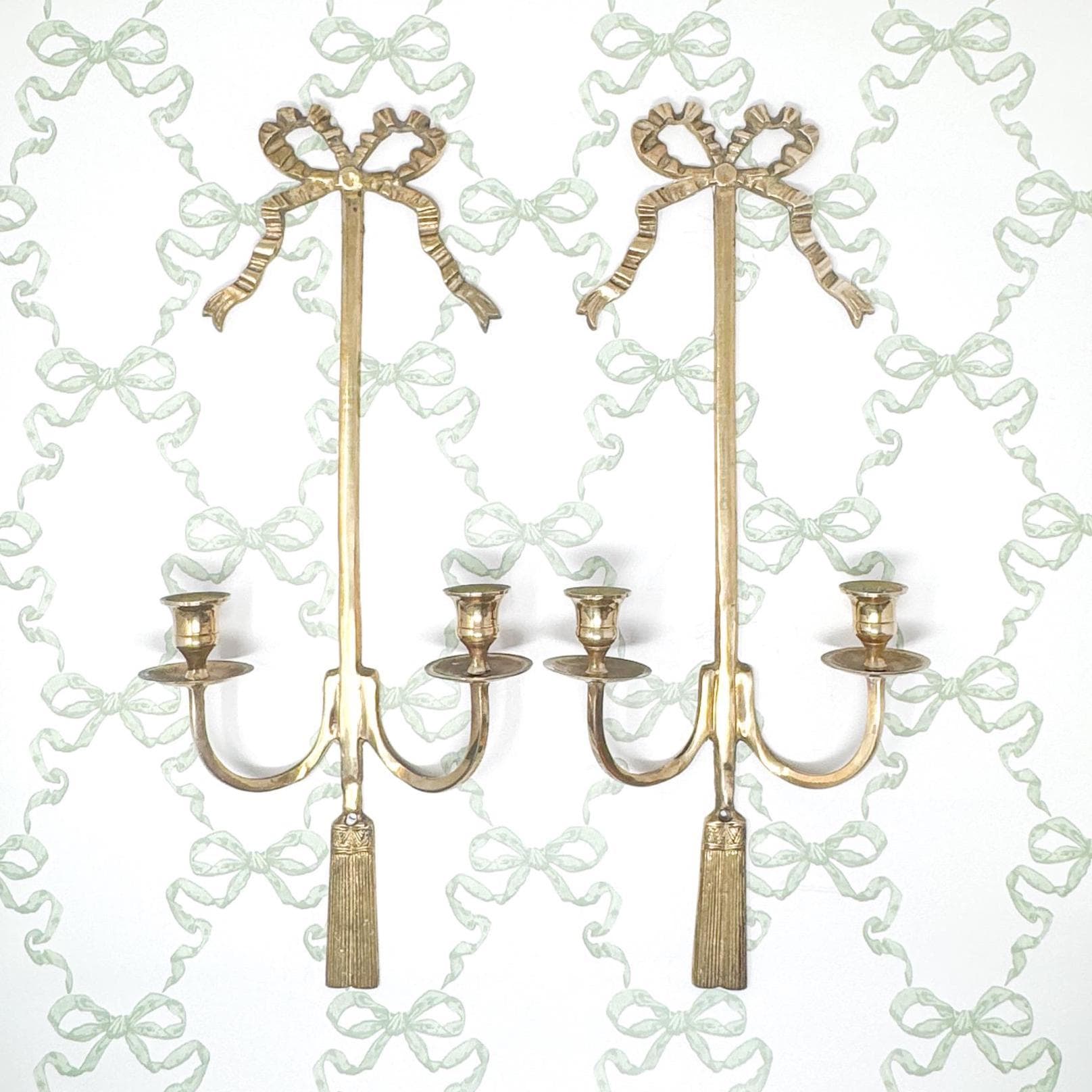 Pair of 20" Vintage Brass Bow Wall Candle Sconces