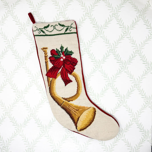 Vintage Needlepoint Christmas Stocking, French Horn