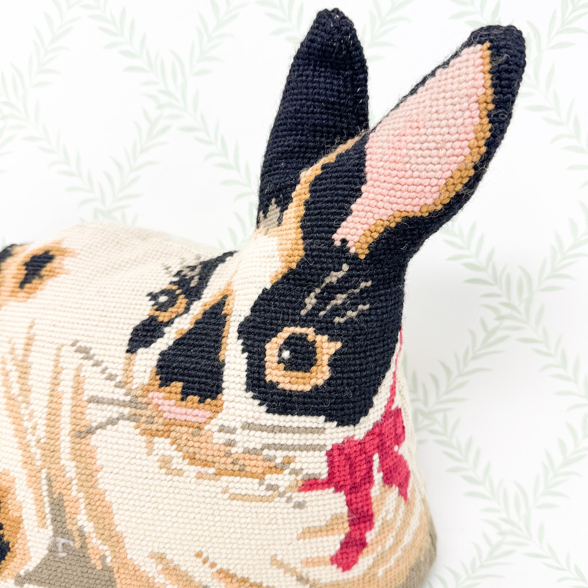 Vintage Needlepoint StandingPillow, Black and White Rabbit