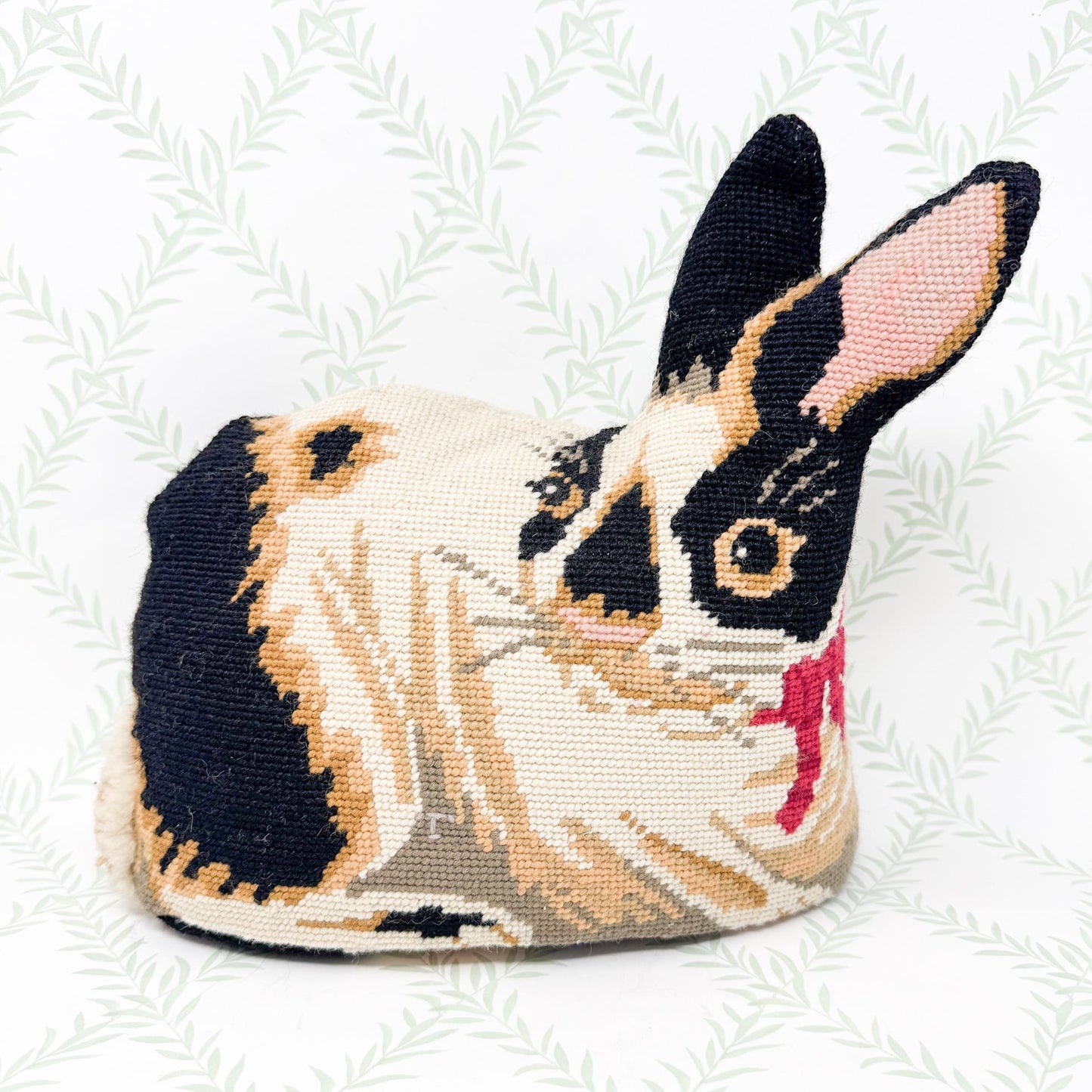 Vintage Needlepoint StandingPillow, Black and White Rabbit